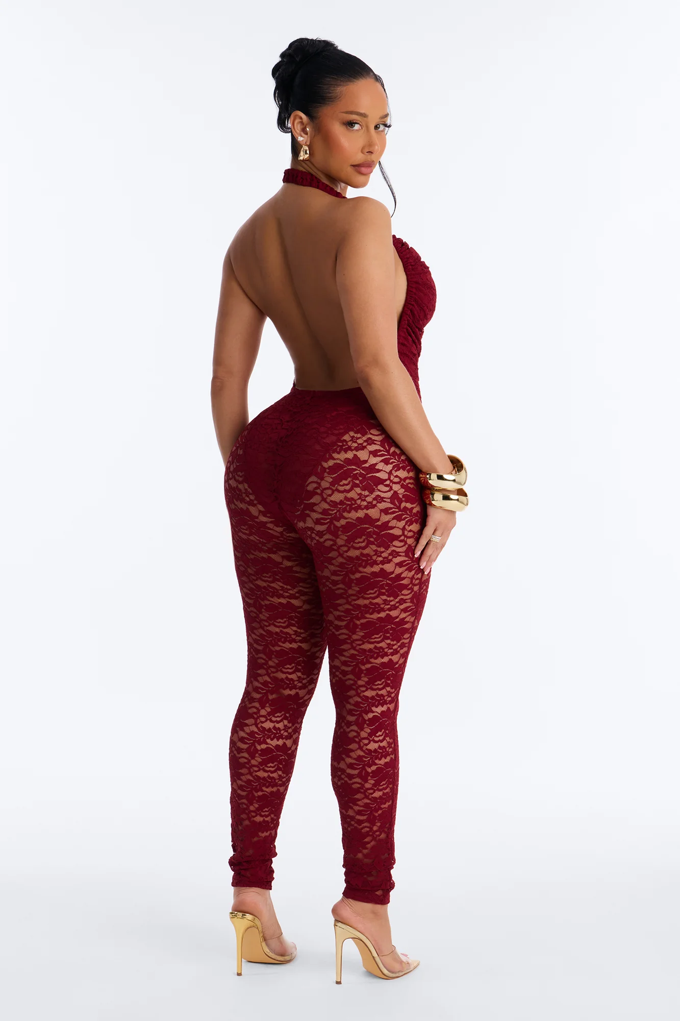 Lace Seduction Plunge Backless Jumpsuite - Wine - Image 4