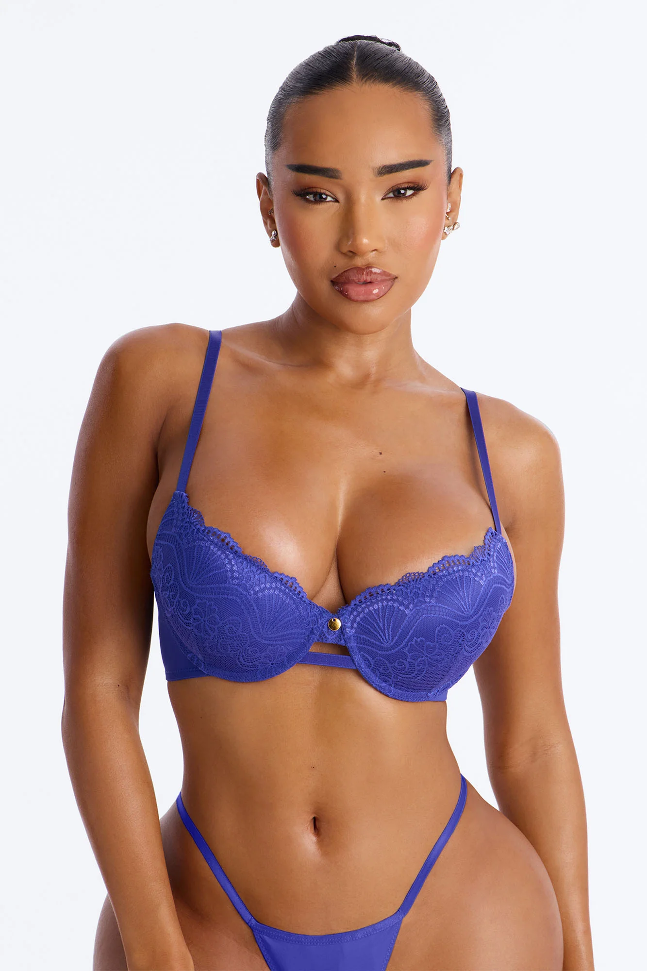 Lacey Lift Deep Plunge Push Up Lace Bra - Blue