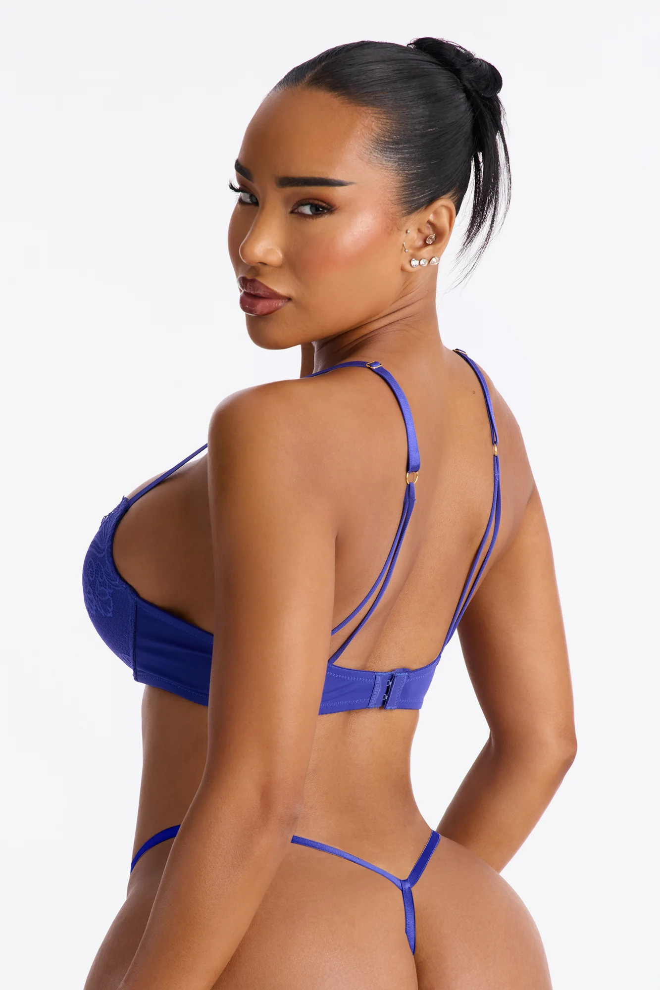 Lacey Lift Deep Plunge Push Up Lace Bra - Blue - Image 4