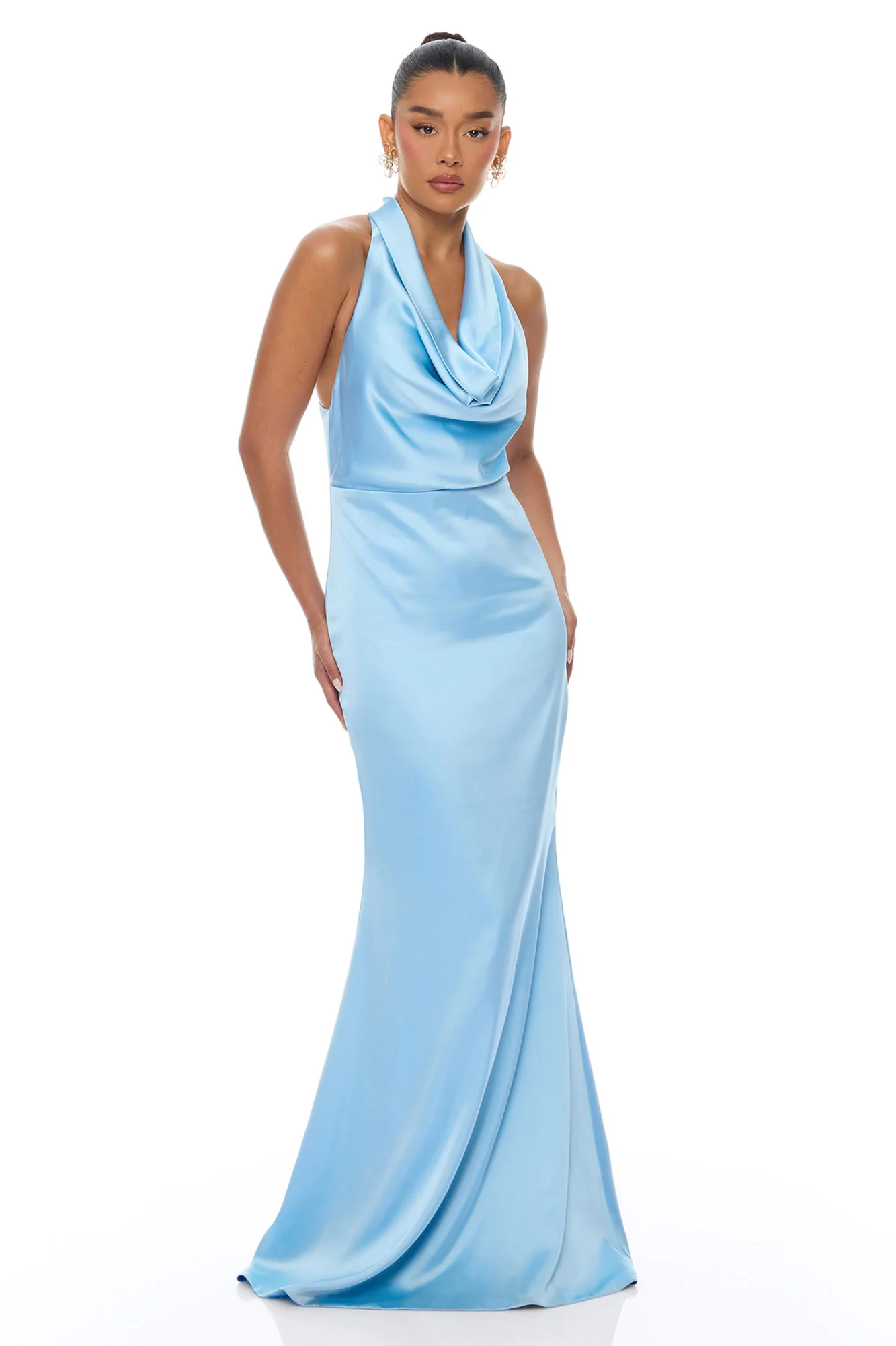 Laena Satin Draped Maxi Dress - Light Blue
