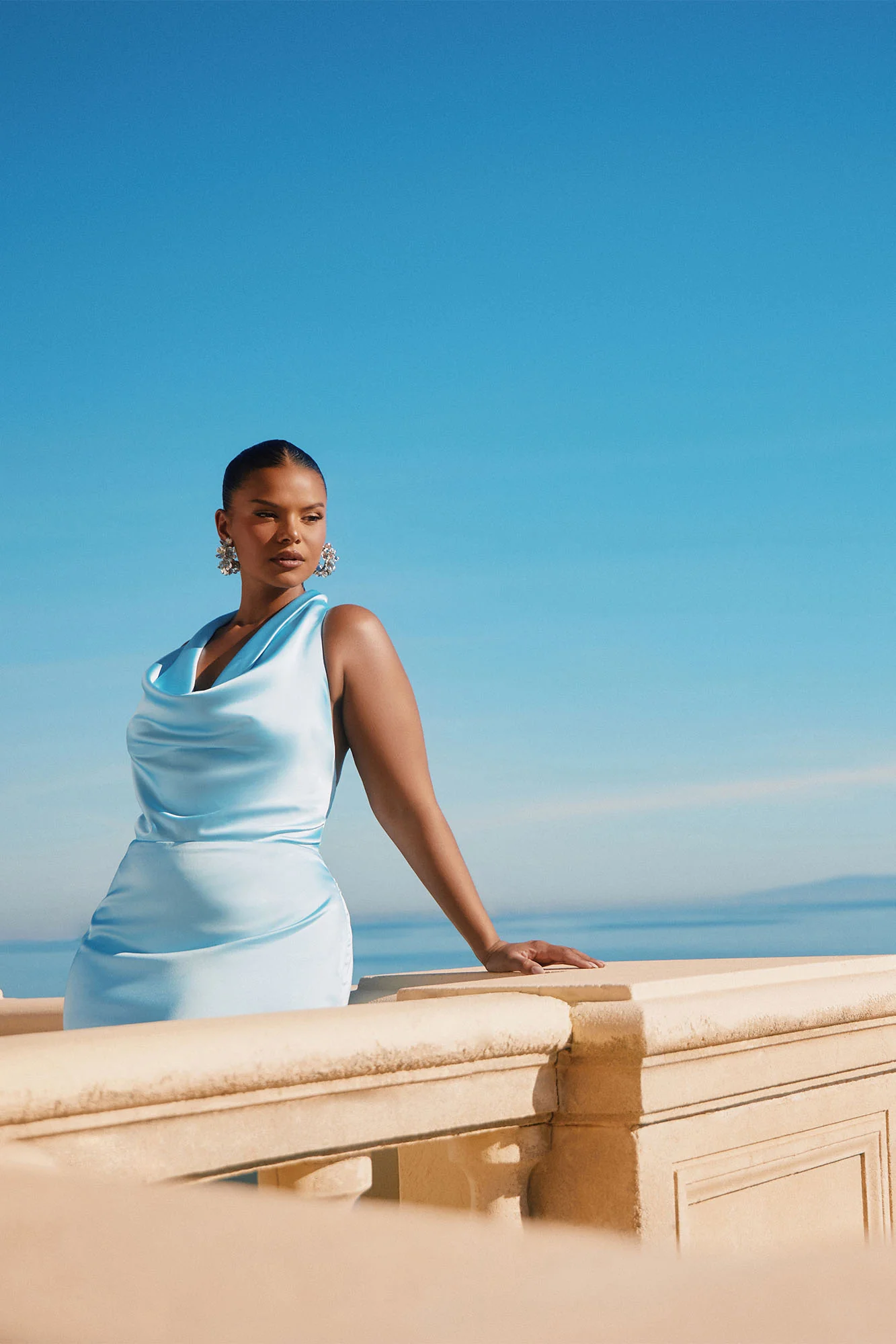 Laena Satin Draped Maxi Dress - Light Blue - Image 5