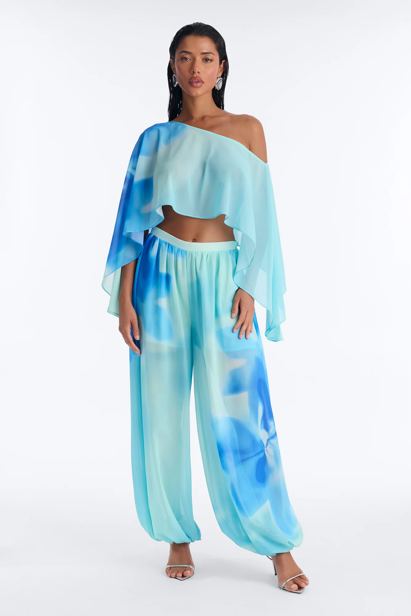 Laila Abstract Floral Chiffon Pant Set - Blue