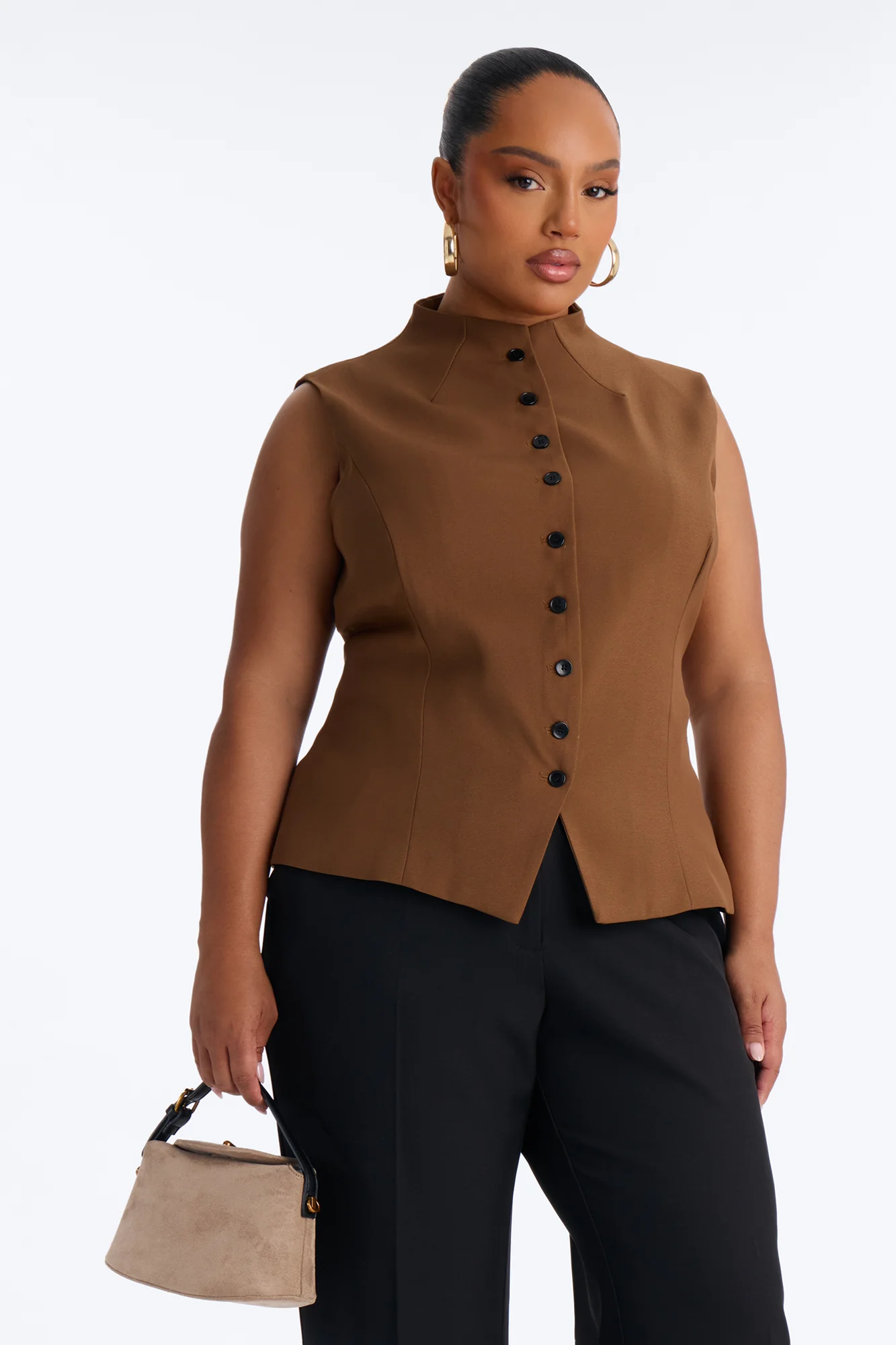 Lana Mock Neck Twill Top - Mocha - Image 5