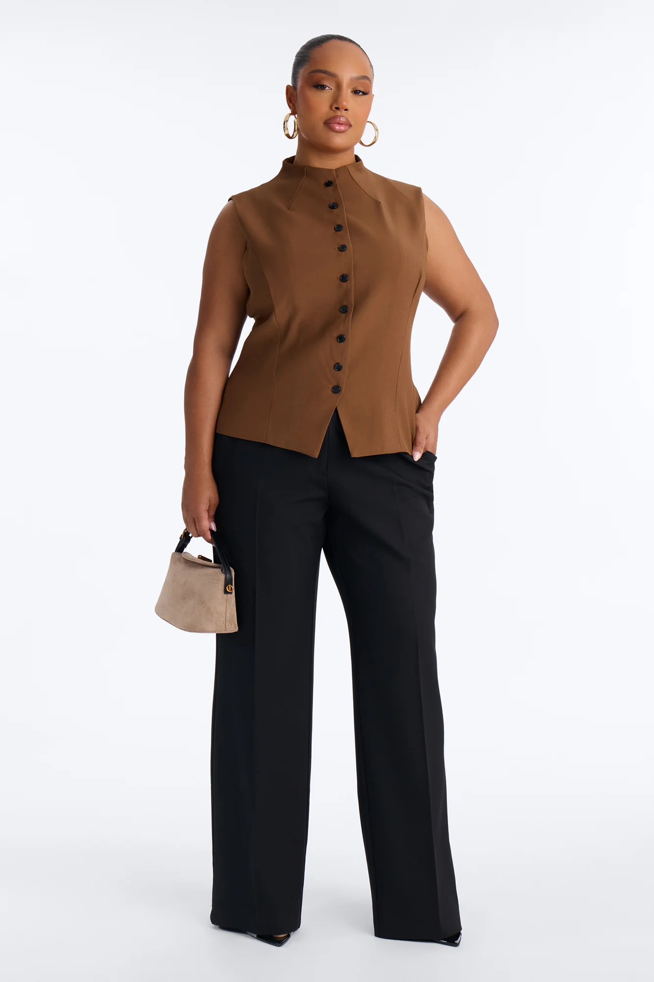 Lana Mock Neck Twill Top - Mocha - Image 6
