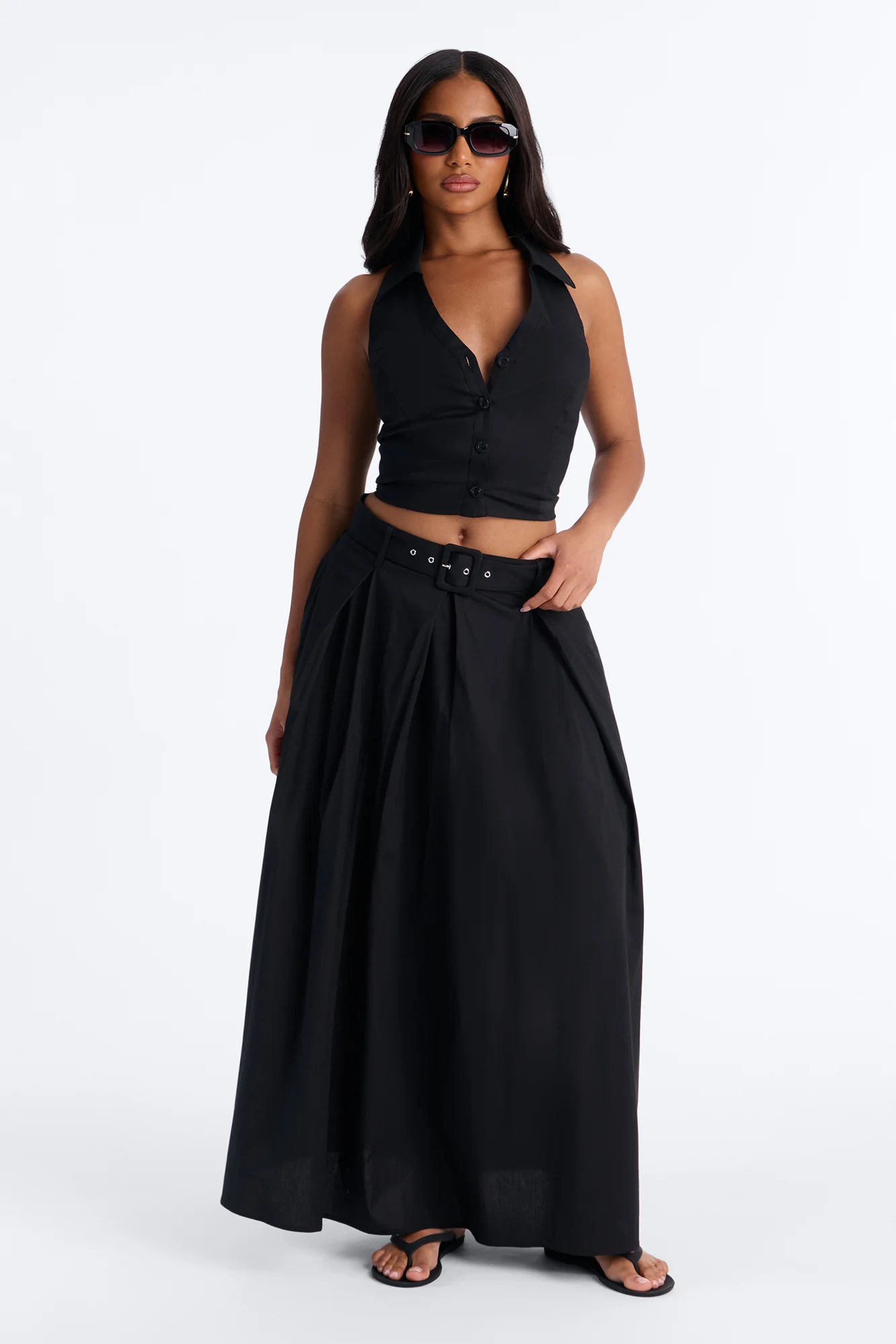 Lana Poplin Halter Maxi Skirt Set - Black