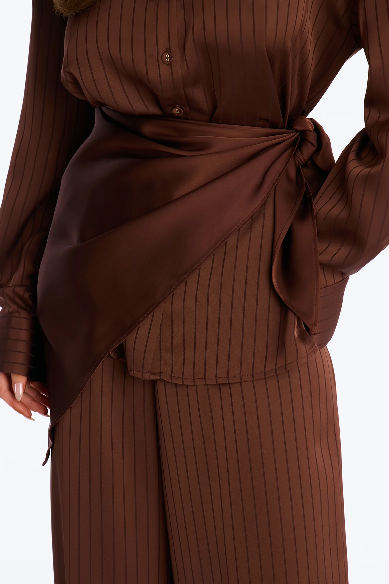 Lana Satin 3 Piece Scarf Pant Set - Chocolate - Image 3
