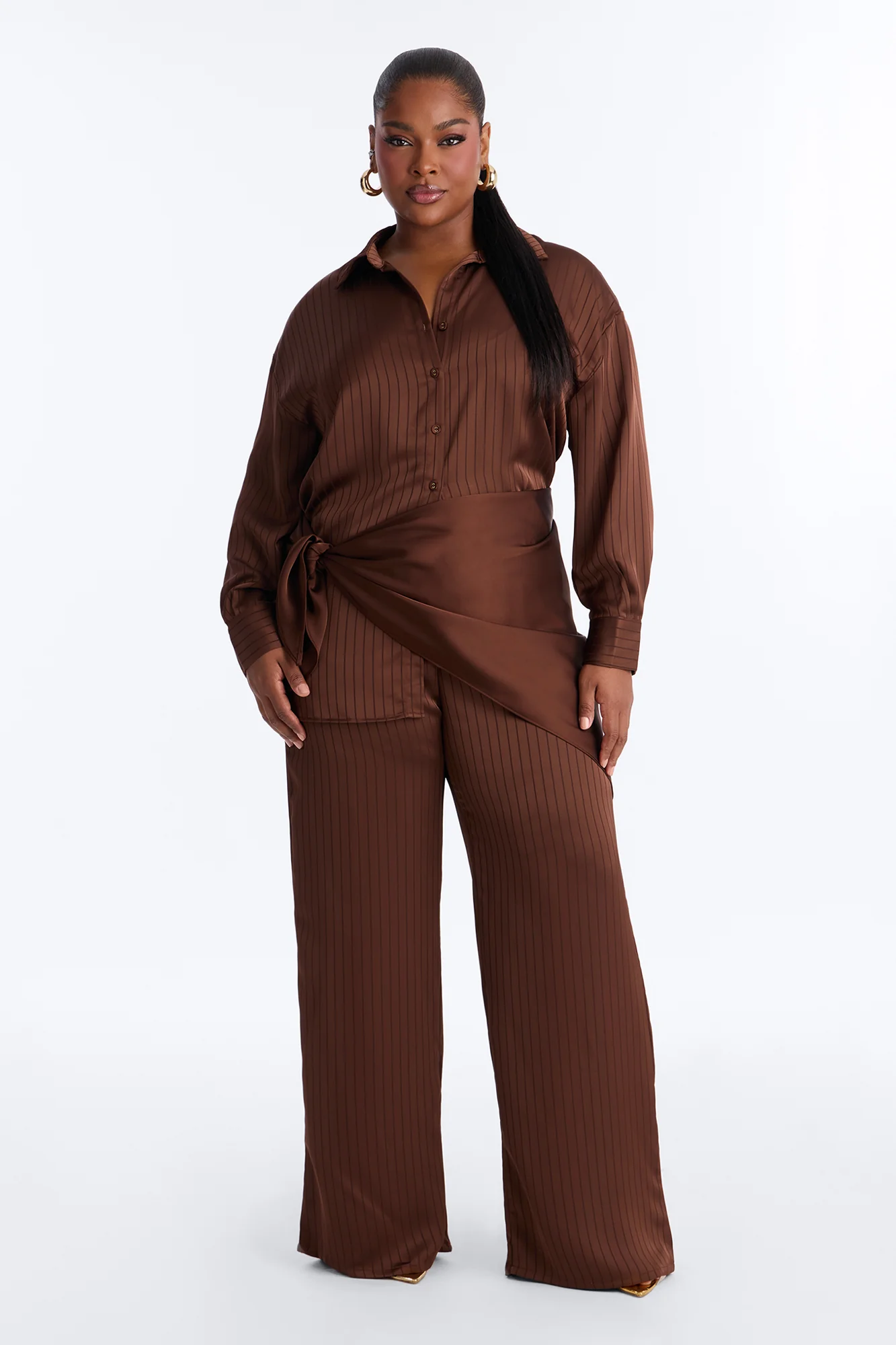 Lana Satin 3 Piece Scarf Pant Set - Chocolate - Image 5