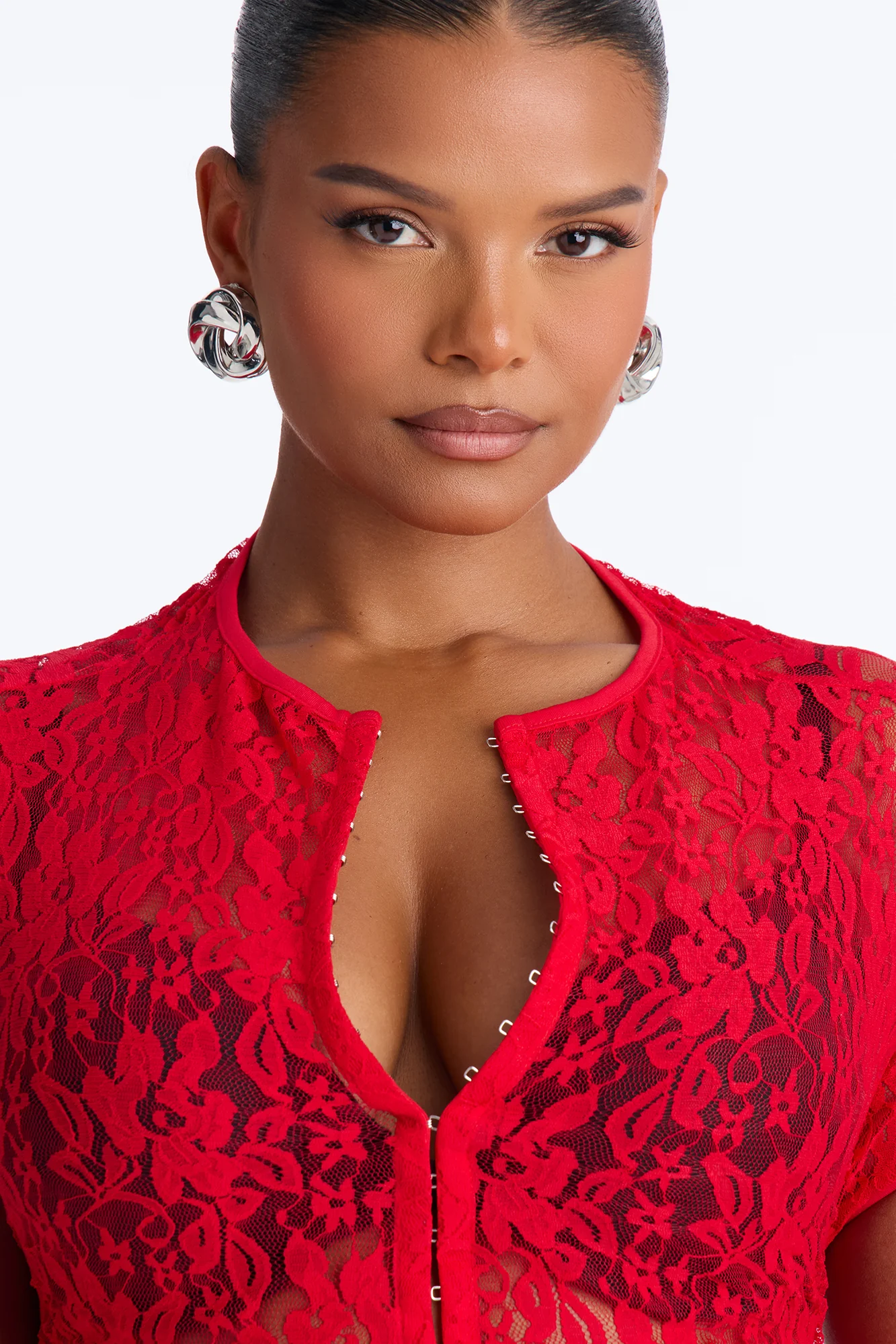 Lani Lace Mock Neck Cap Sleeve Top - Red - Image 7