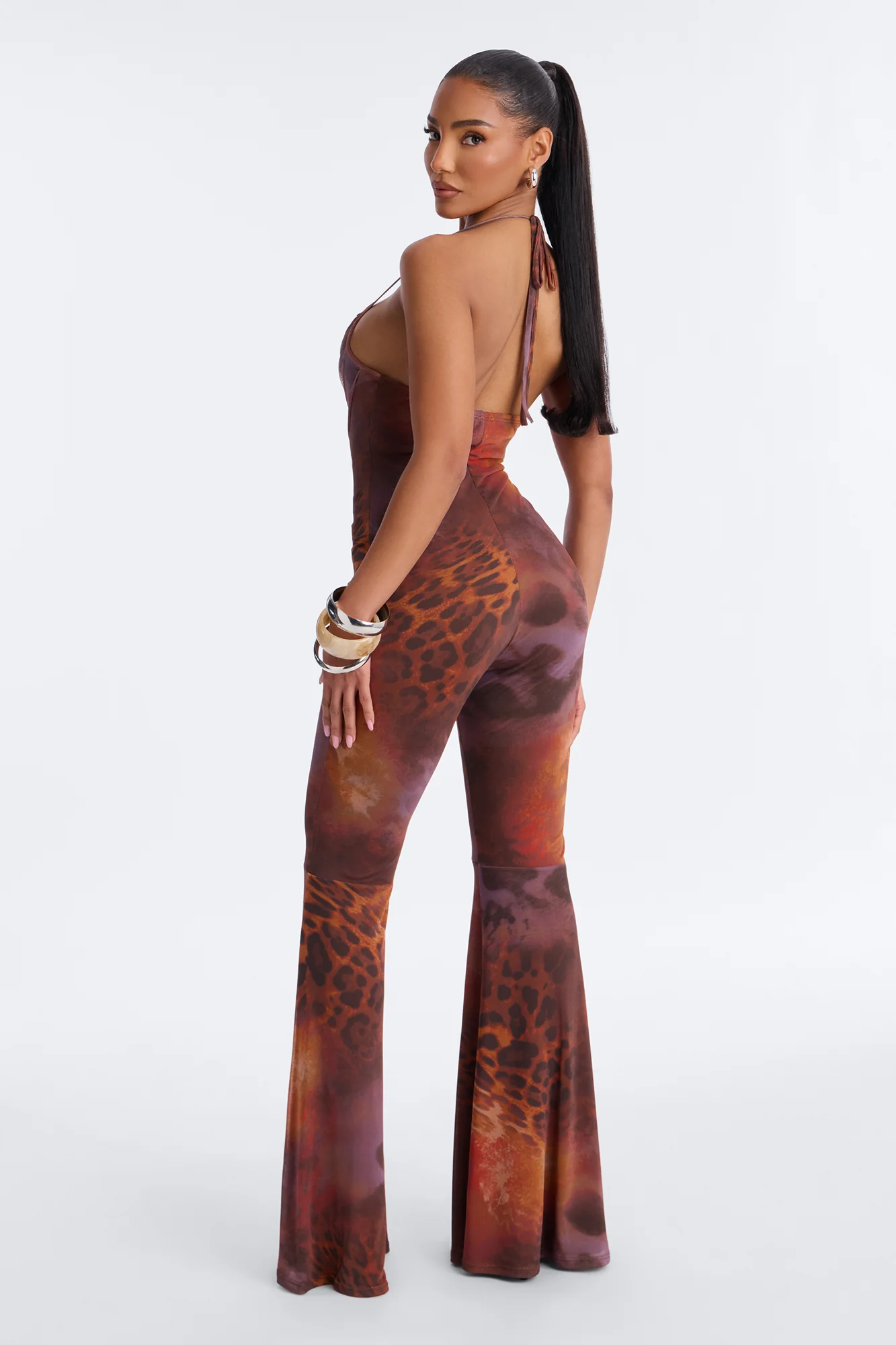 Lara Leopard Flare Leg Jumpsuit - Orange/combo - Image 4