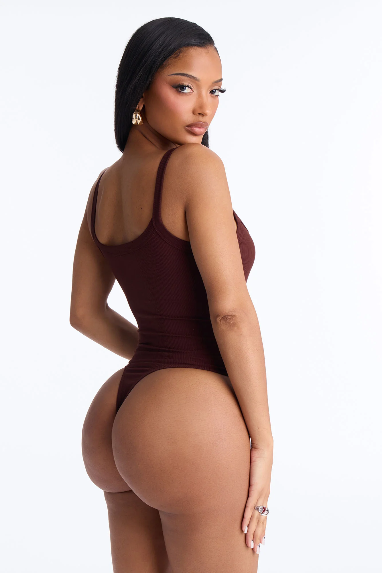 Lara Square Neck Ribbed Bodysuit - Brown - Image 4