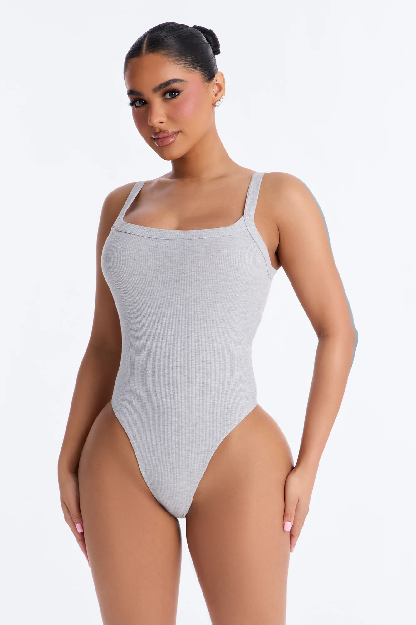 Lara Square Neck Ribbed Bodysuit - Heather Grey