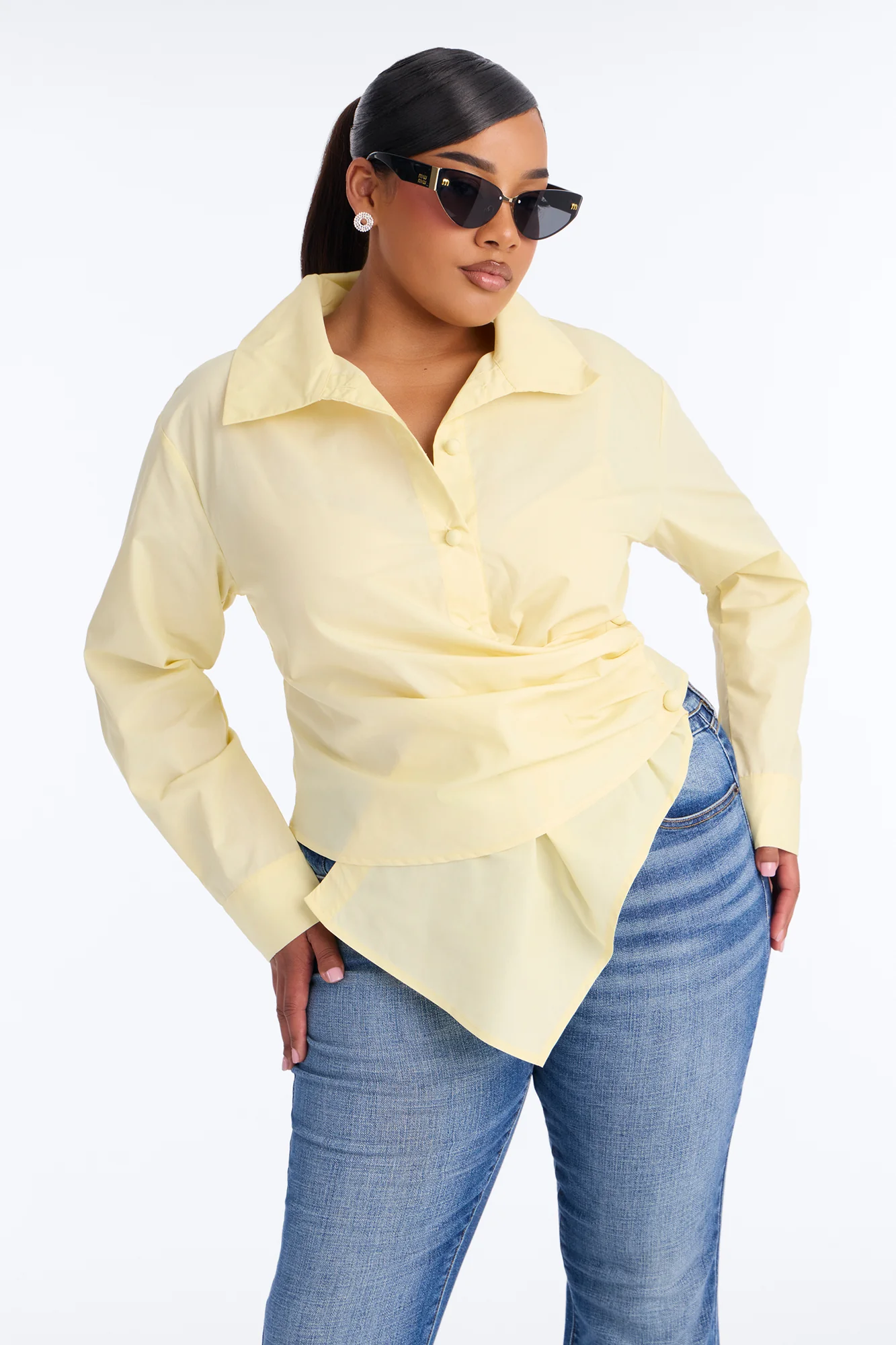Late For Work Asymmetrical Poplin Shirt - Butter Yellow - Image 7