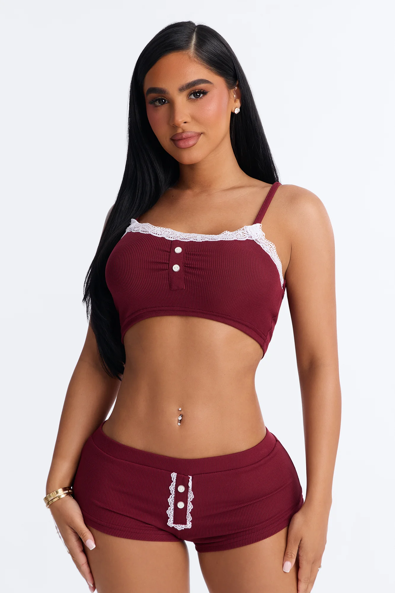 Late Night Calls Ribbed Bralette Booty Short 2 Piece Set - Burgundy