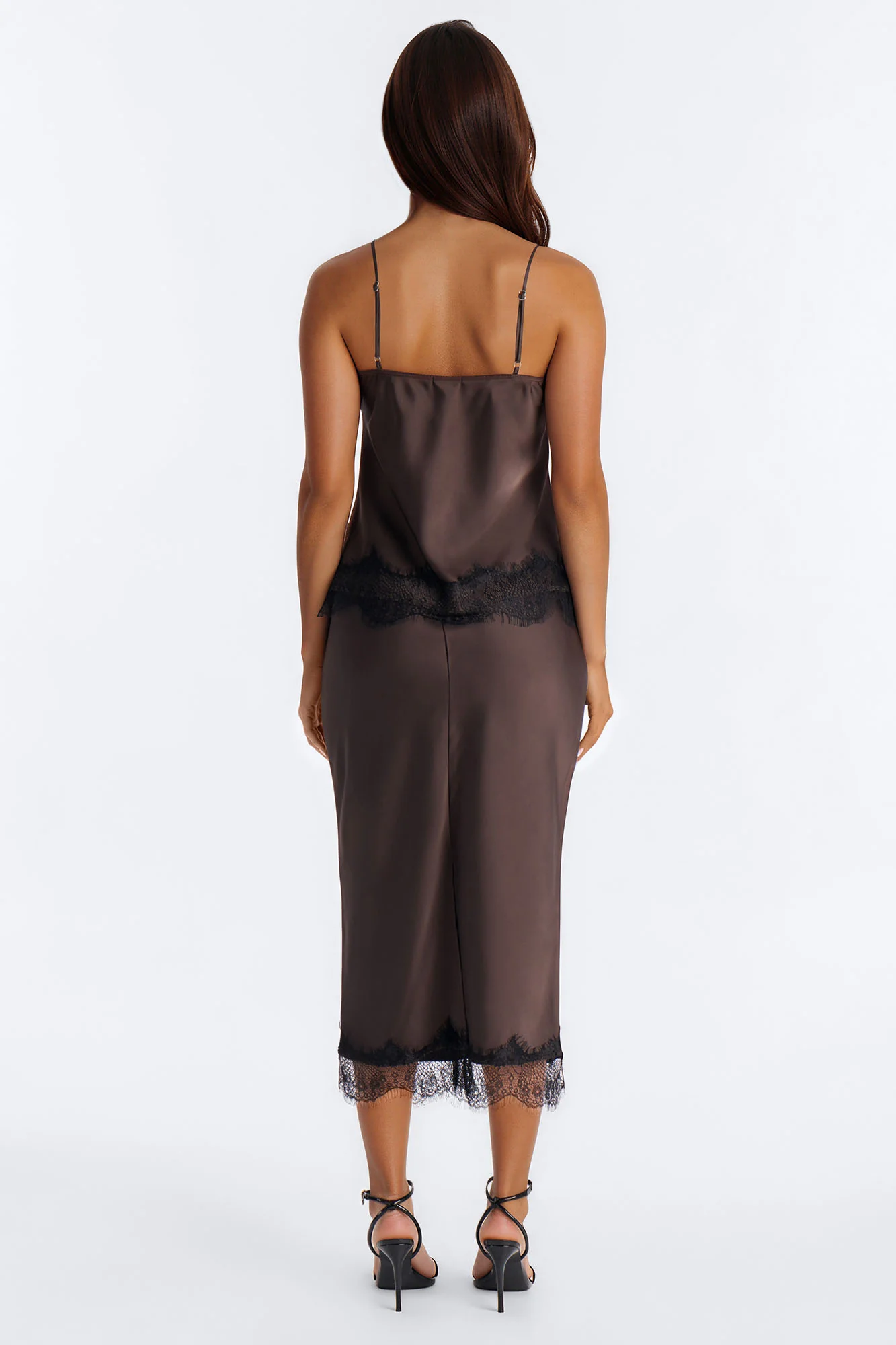 Late Night Kiss Satin Midi Skirt Set - Brown - Image 4