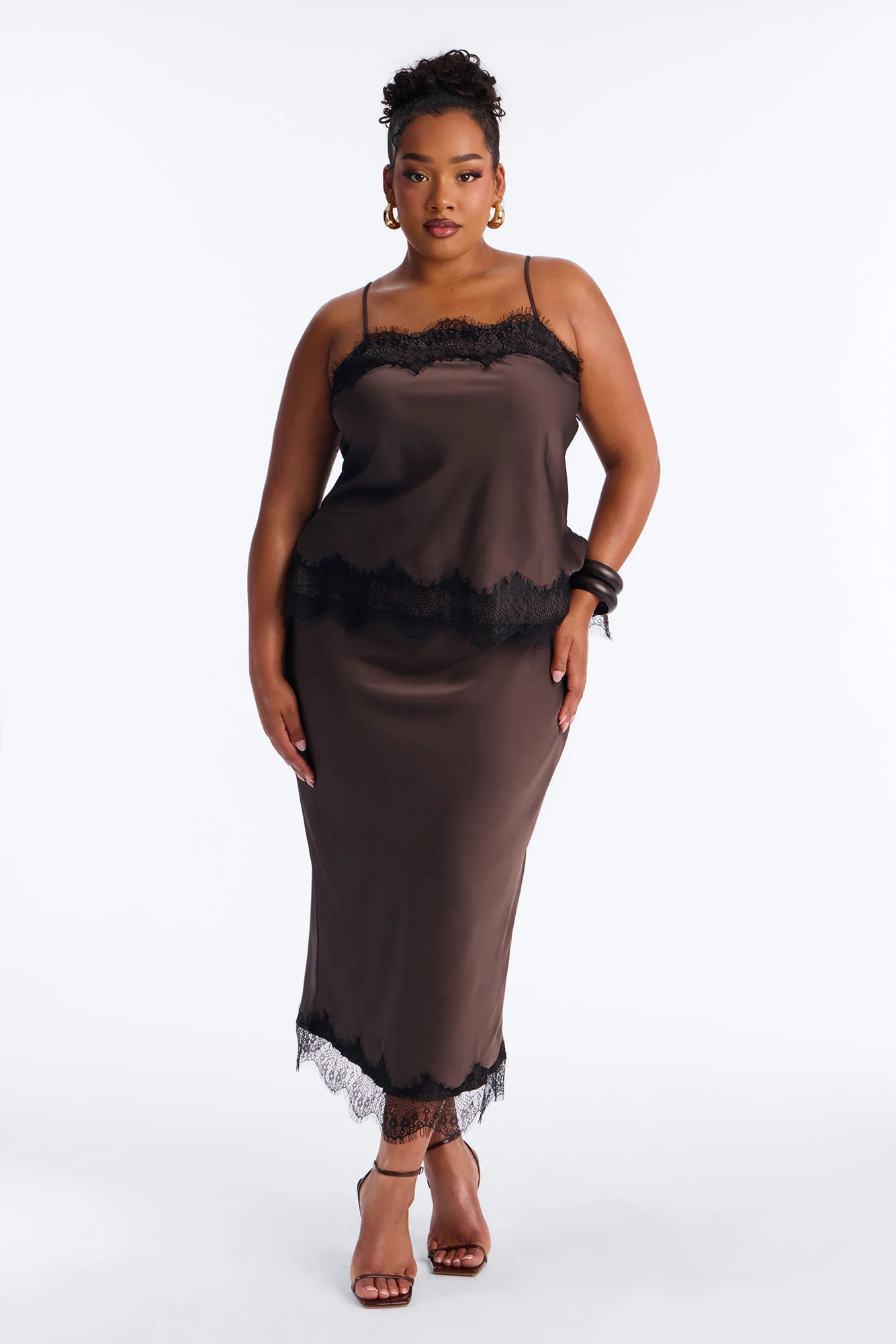 Late Night Kiss Satin Midi Skirt Set - Brown - Image 5