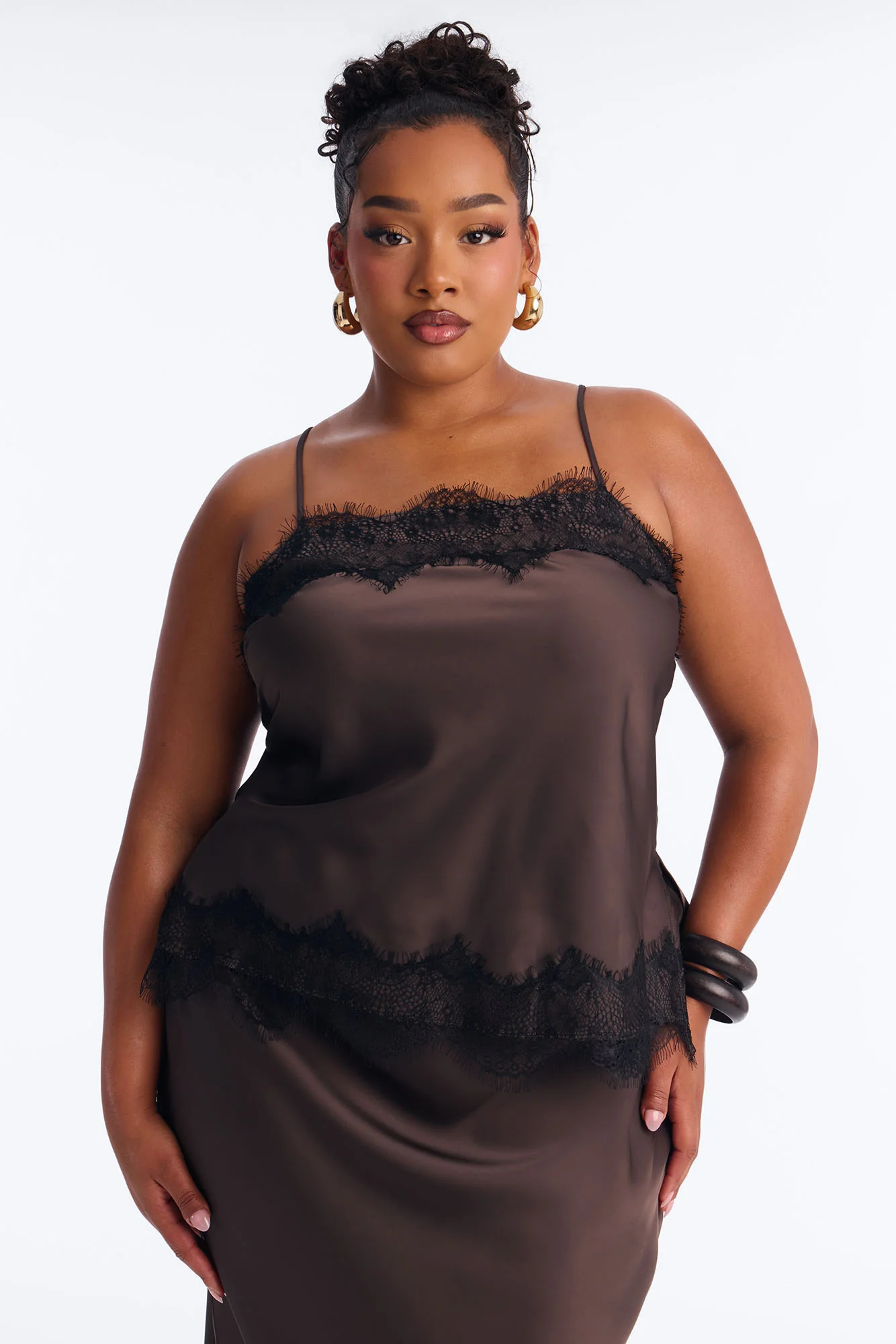Late Night Kiss Satin Midi Skirt Set - Brown - Image 6