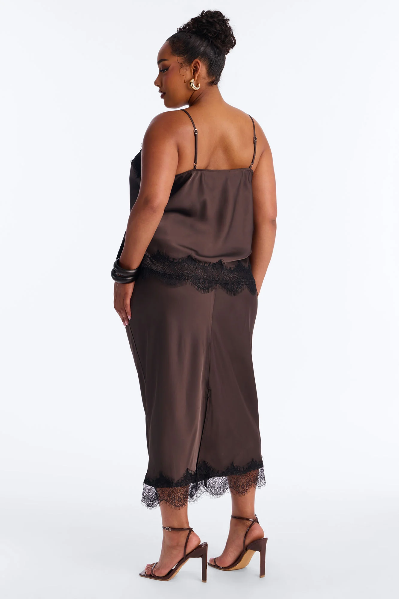 Late Night Kiss Satin Midi Skirt Set - Brown - Image 8