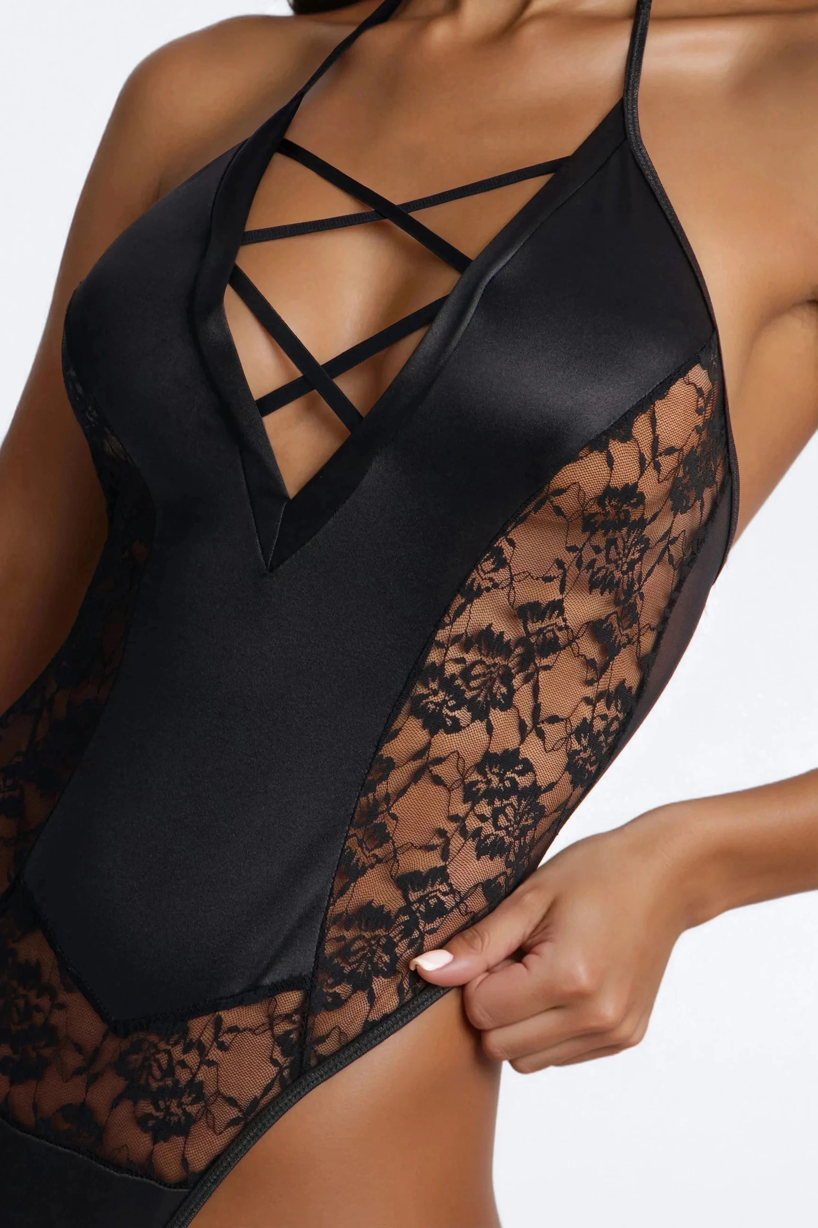 Late Night Lace Trim Halter Satin Teddy - Black - Image 2