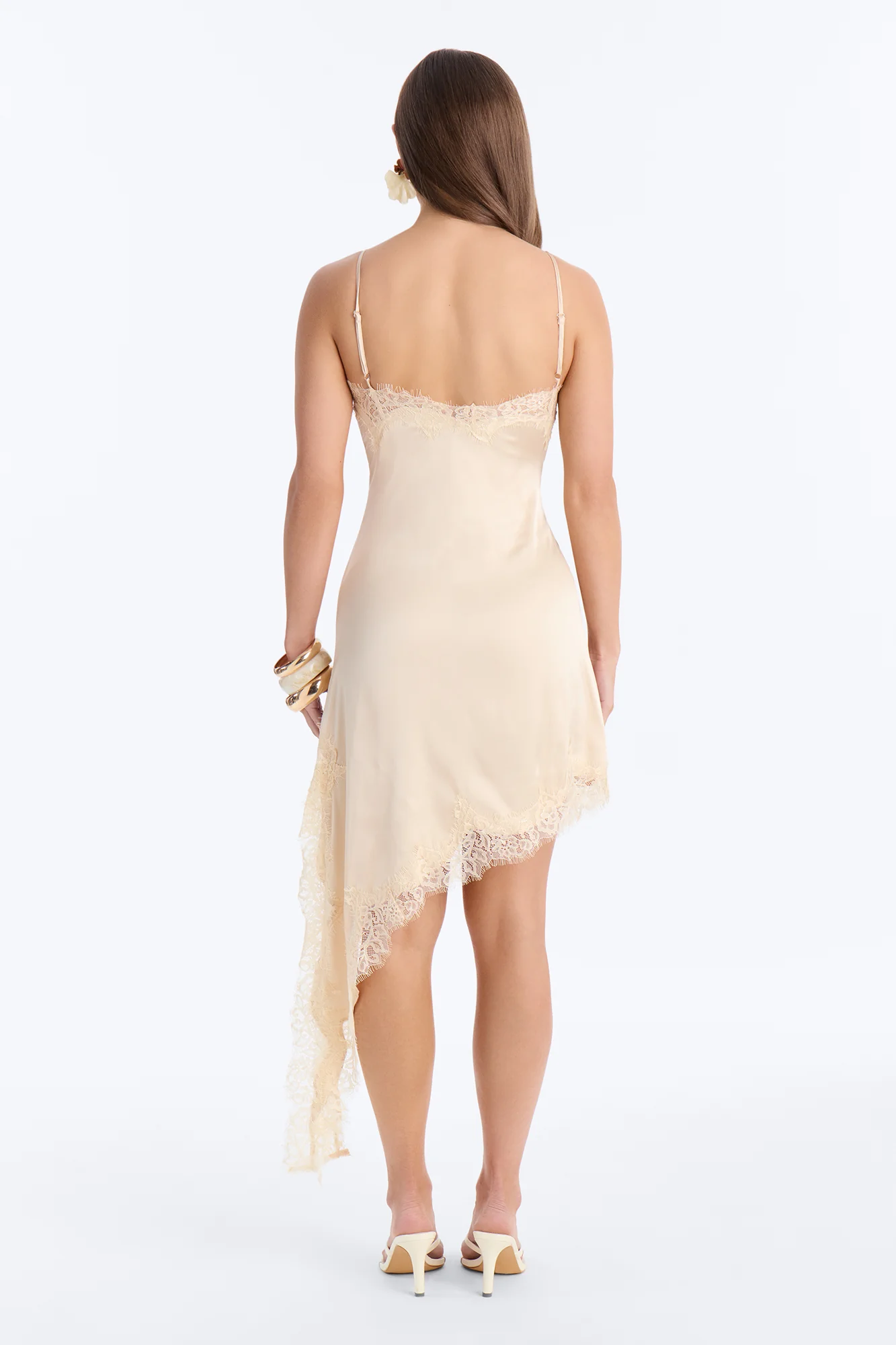 Late Nights Lace Trim Satin Midi Dress - Cream - Image 4