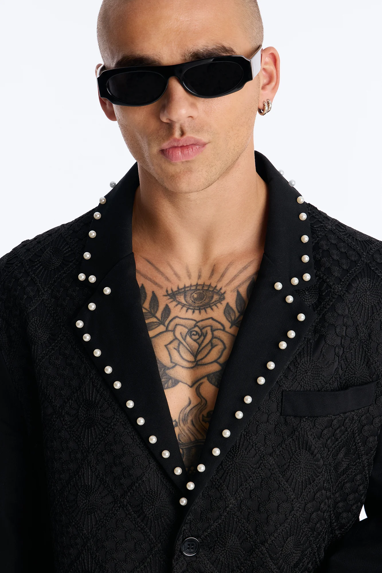 Lattice Boxy Cropped Pearl Single Breasted Blazer - Black - Image 3