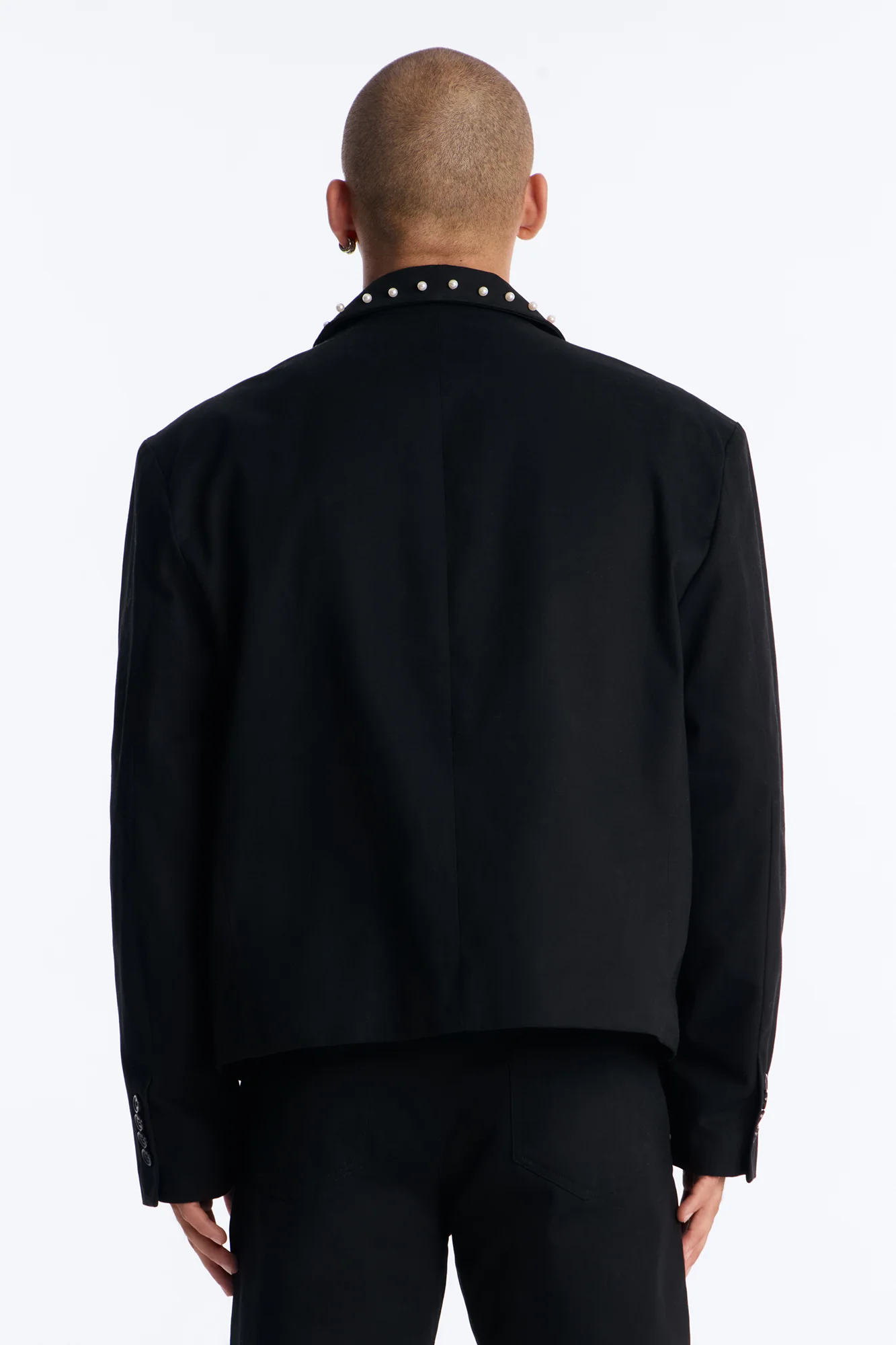 Lattice Boxy Cropped Pearl Single Breasted Blazer - Black - Image 4