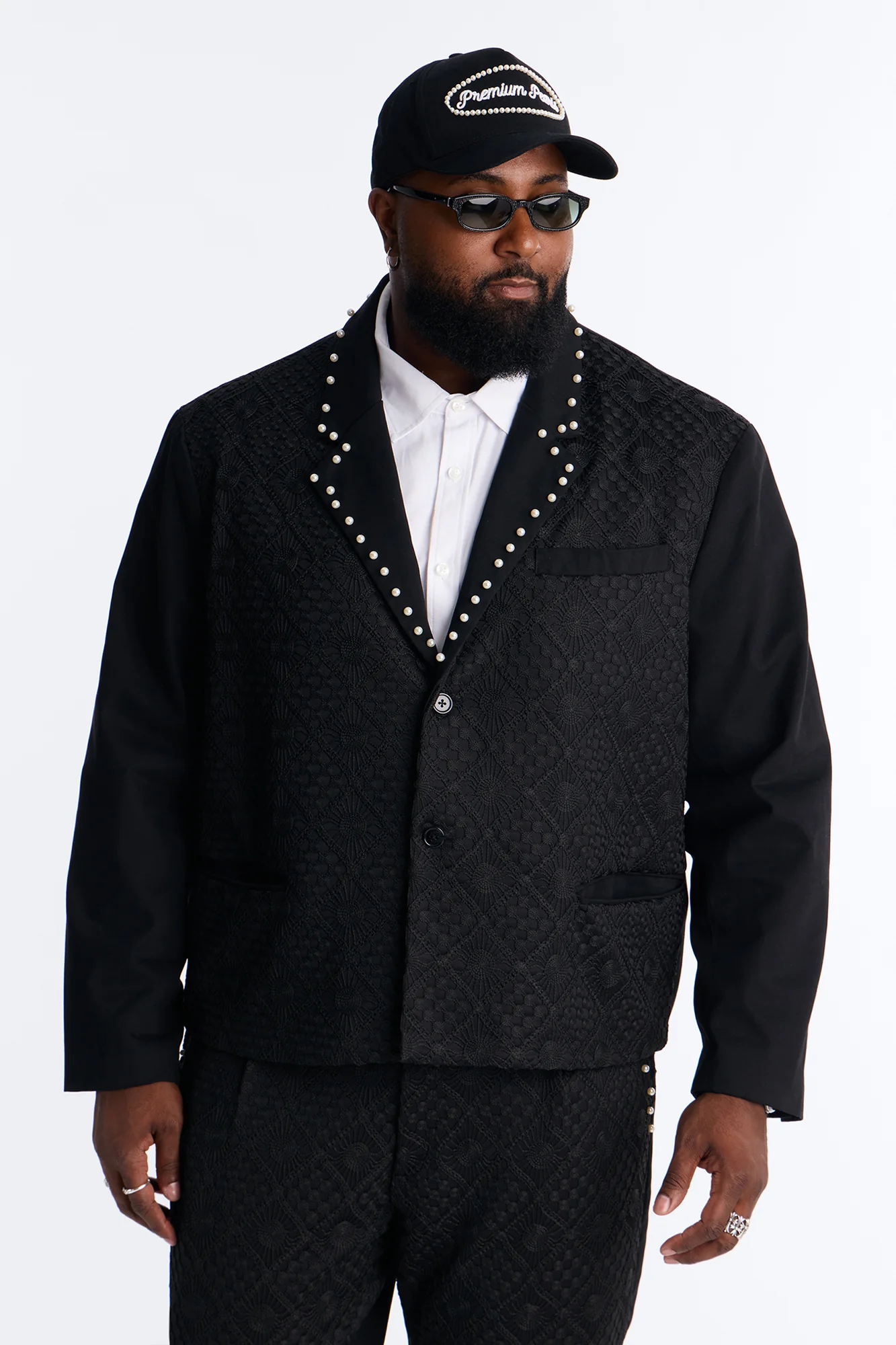 Lattice Boxy Cropped Pearl Single Breasted Blazer - Black - Image 5