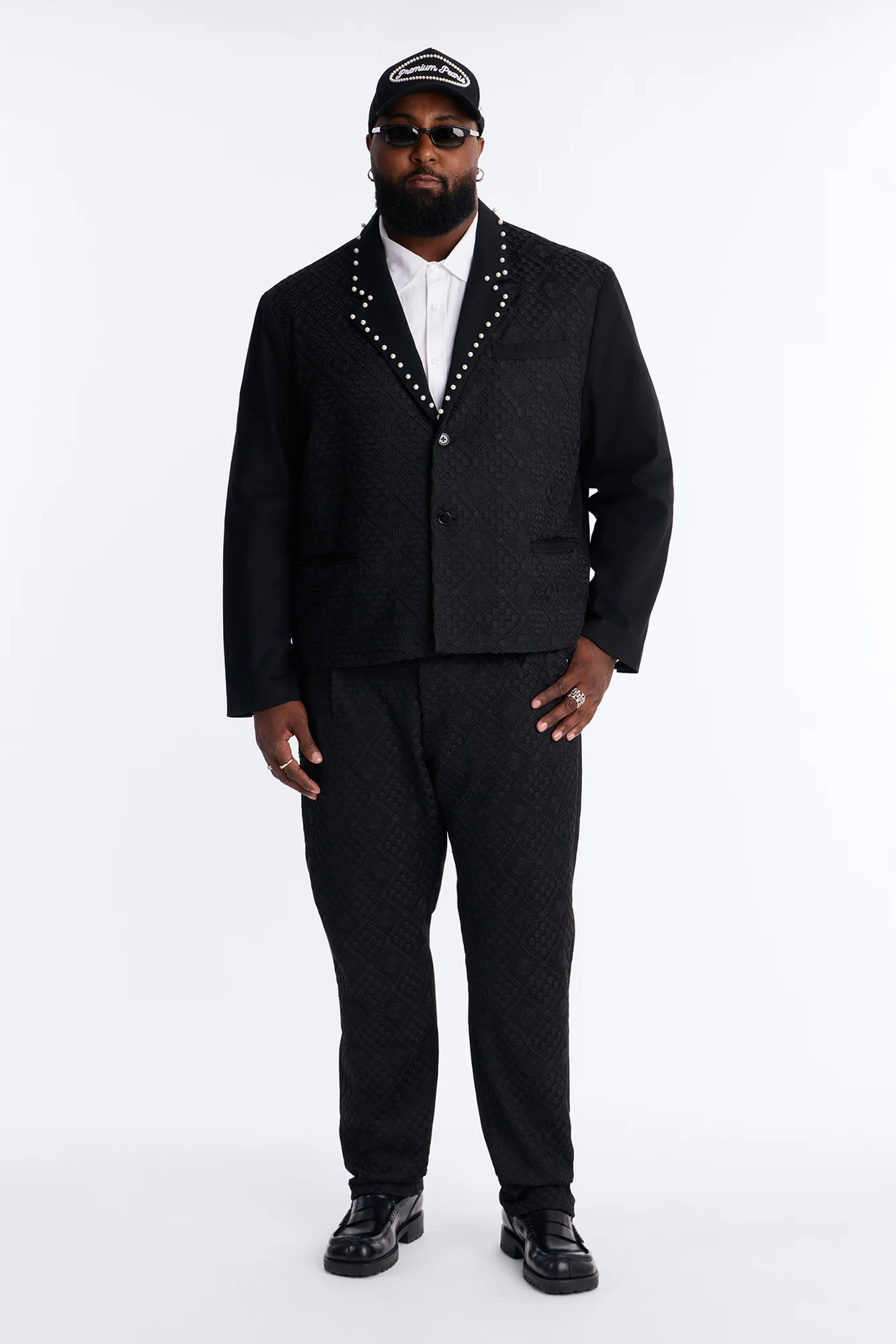 Lattice Boxy Cropped Pearl Single Breasted Blazer - Black - Image 6