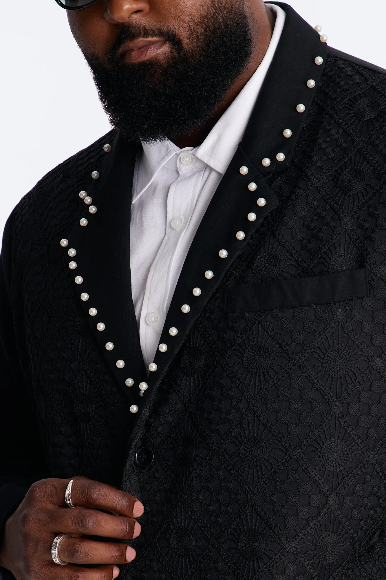 Lattice Boxy Cropped Pearl Single Breasted Blazer - Black - Image 7