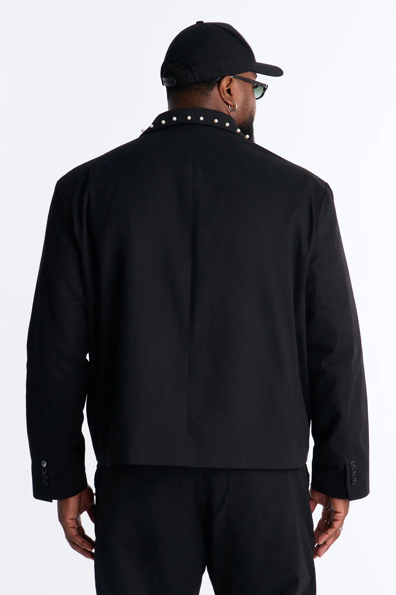 Lattice Boxy Cropped Pearl Single Breasted Blazer - Black - Image 8