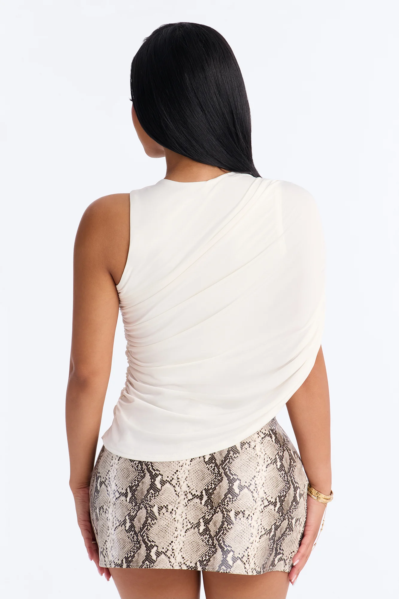 Laura Ruched Asymmetrical Short Sleeve Top - White - Image 4