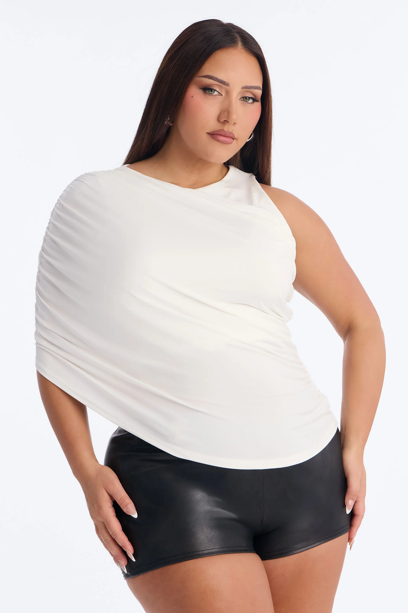 Laura Ruched Asymmetrical Short Sleeve Top - White - Image 6