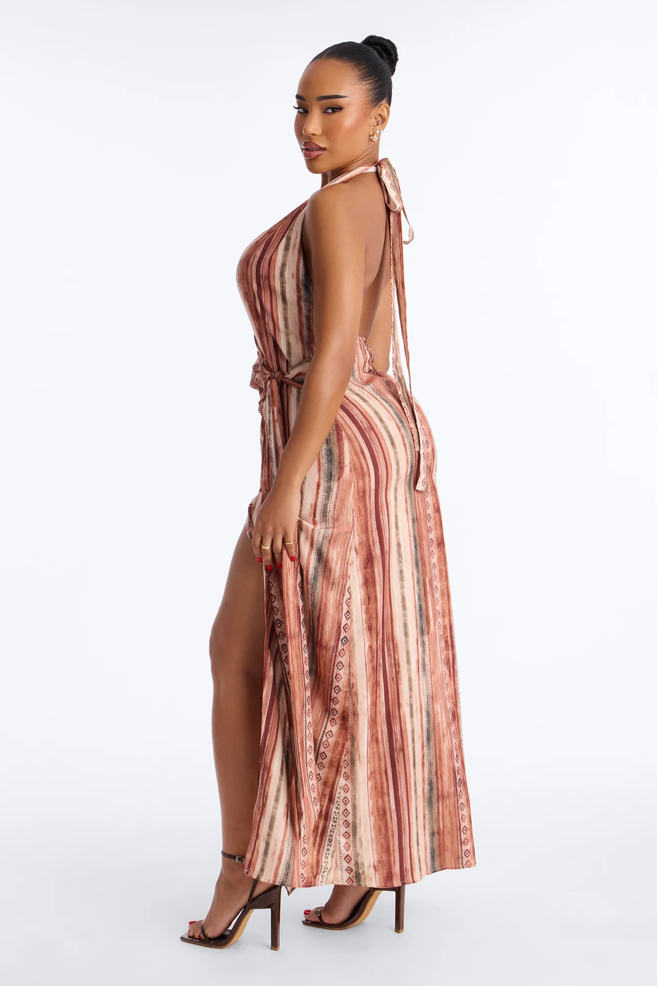 Laureen Wrap Halter Dress - Brown/combo - Image 4