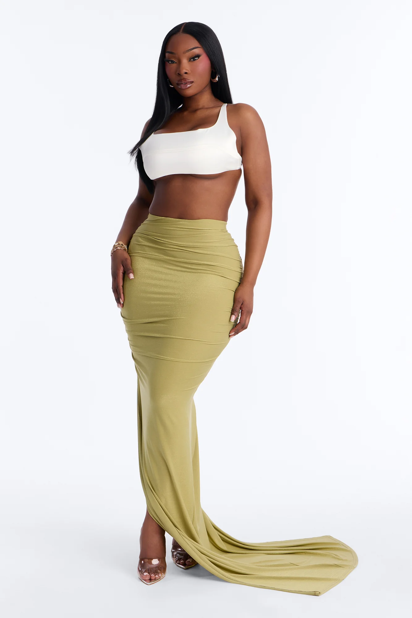 Lavish Life High Slit Shimmer Maxi Skirt - Sage - Image 5