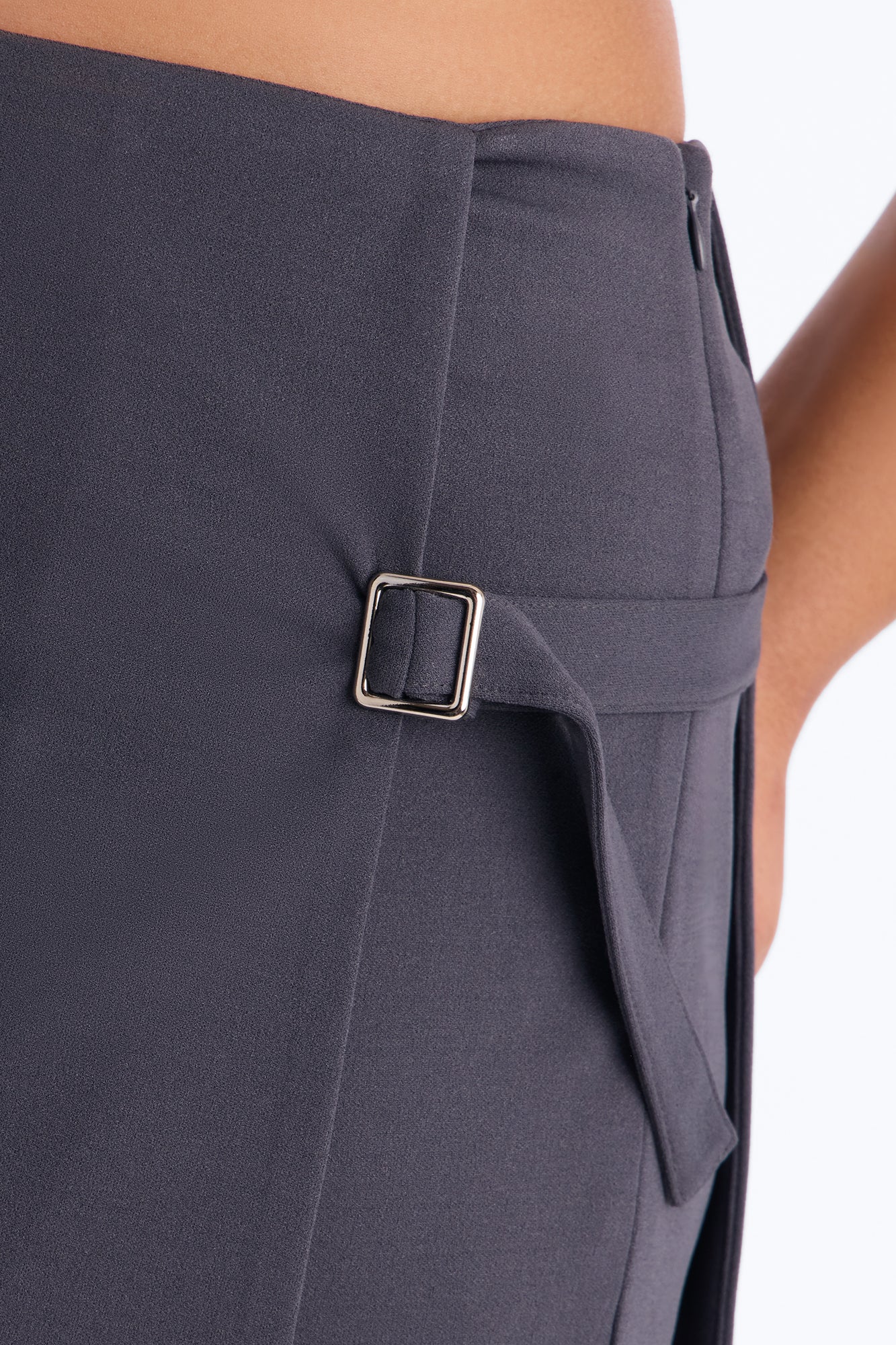 Layered Buckle Waist Mid Rise Flared Pants 33″ - Charcoal - Image 7