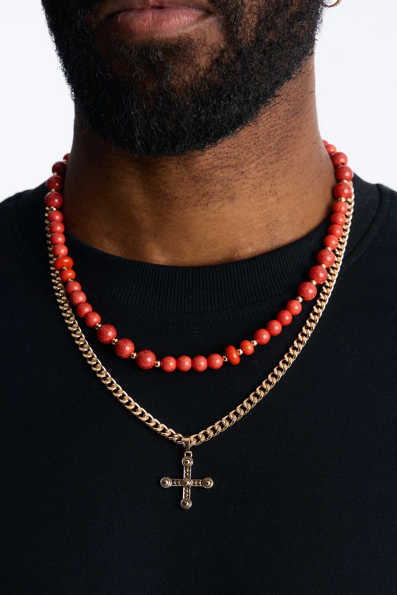 Layered Cuban Cross And Beaded Necklace Set - Gold/combo