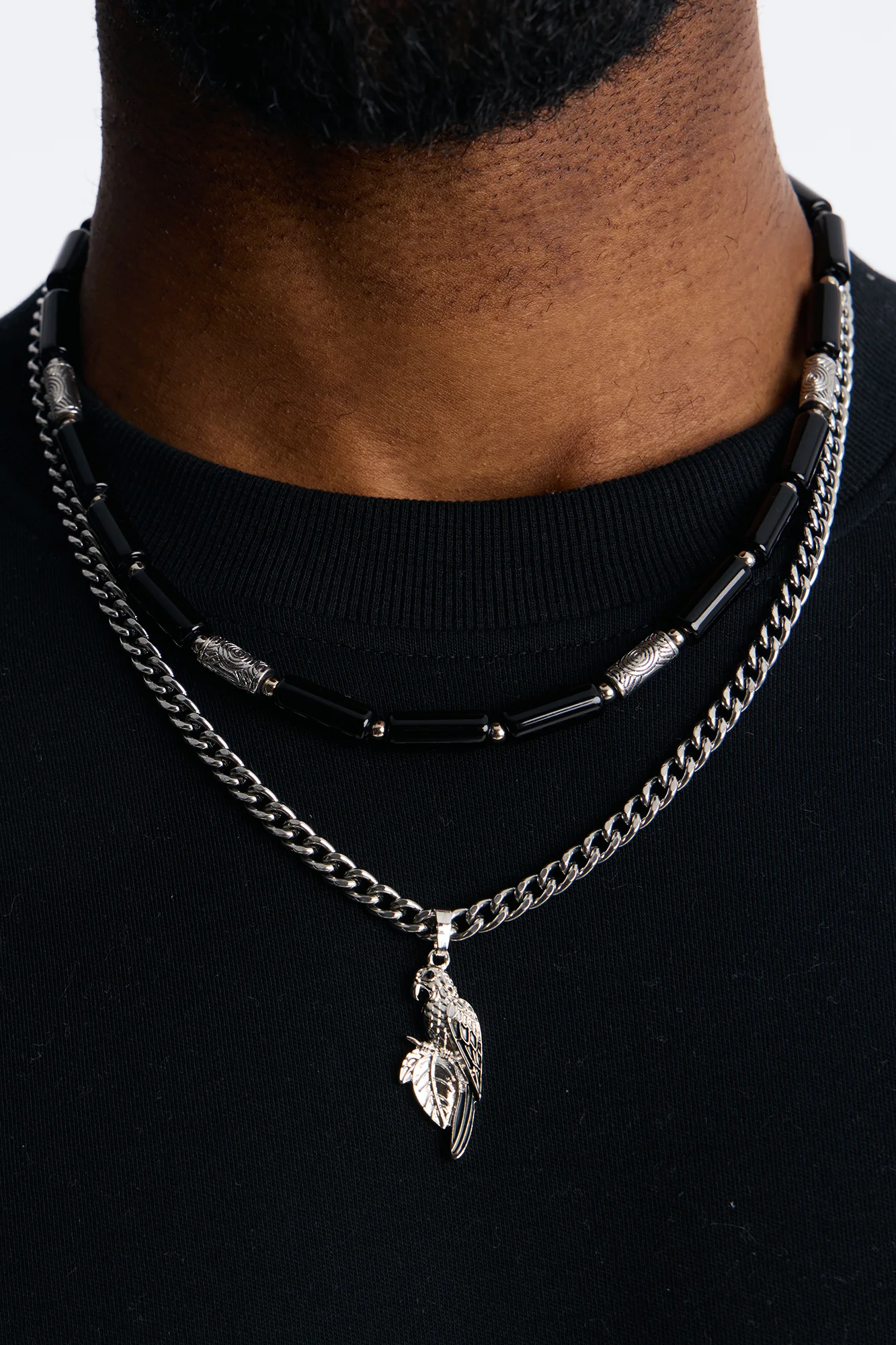 Layered Cuban Parrot And Beaded Necklace Set - Silver/Black