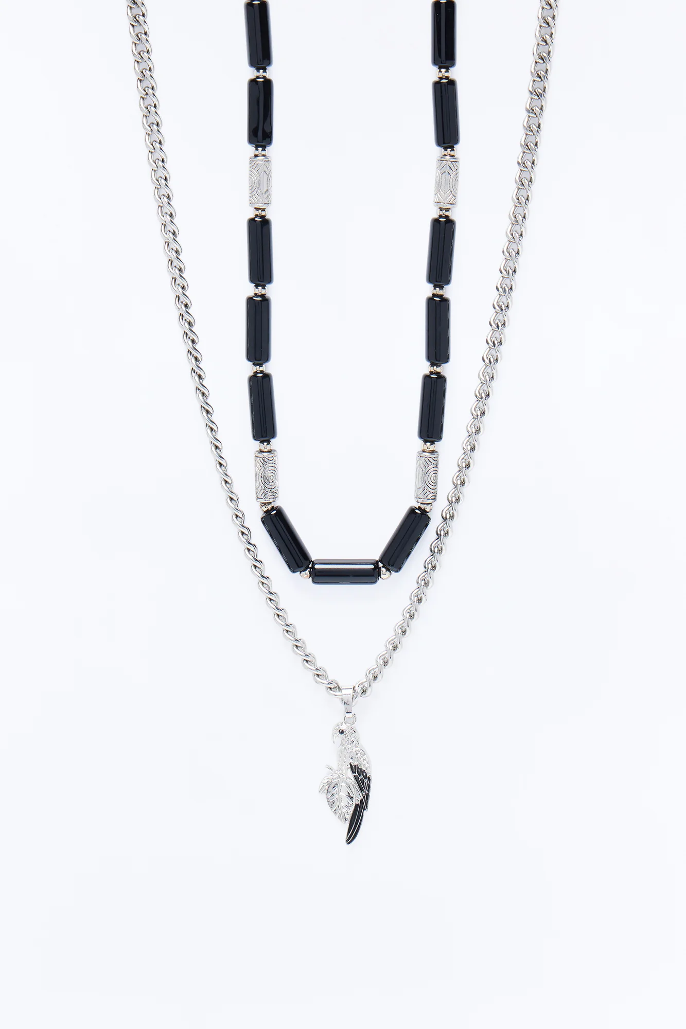 Layered Cuban Parrot And Beaded Necklace Set - Silver/Black - Image 3