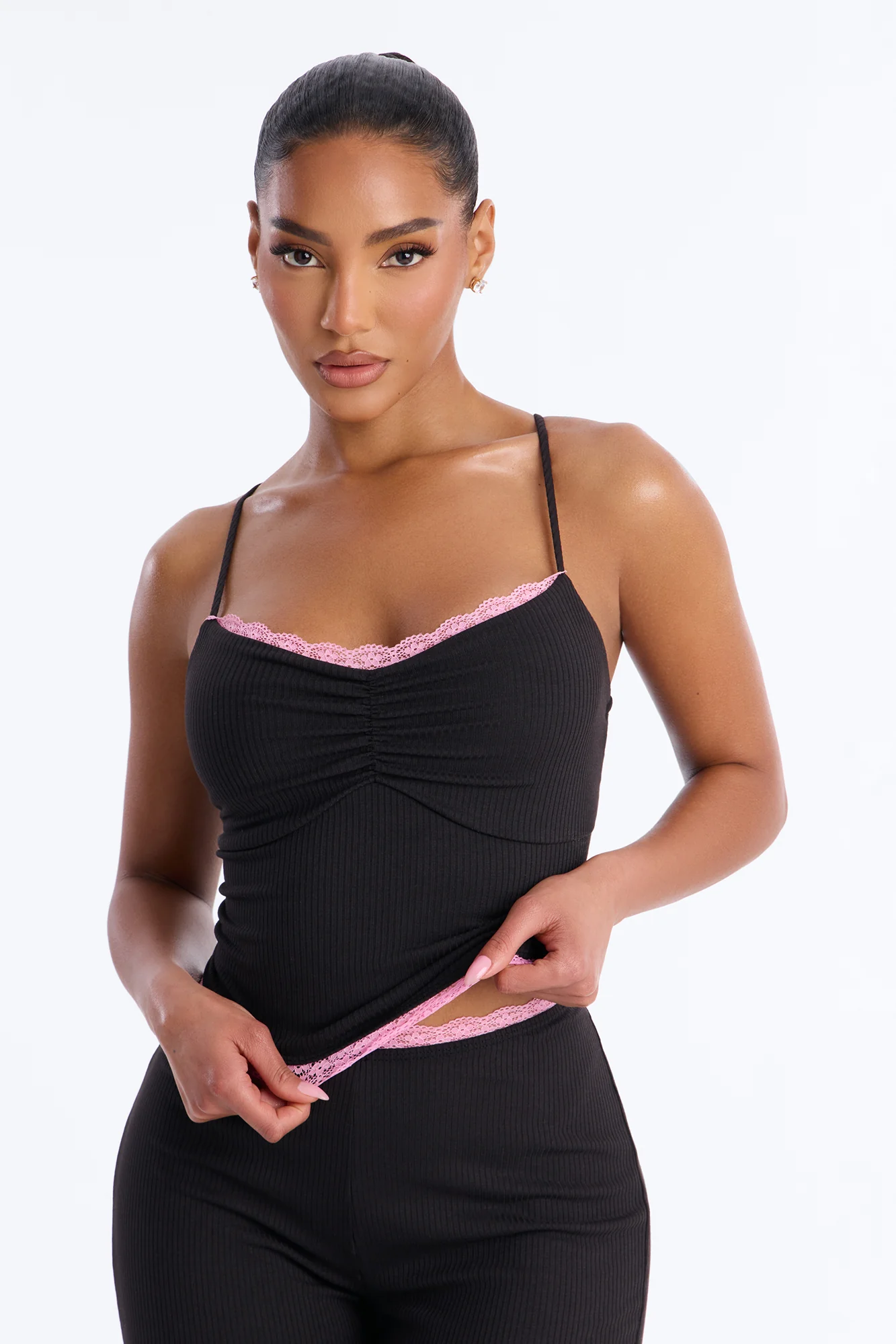 Layla Double Lined Ribbed Capri Set - Black - Image 2