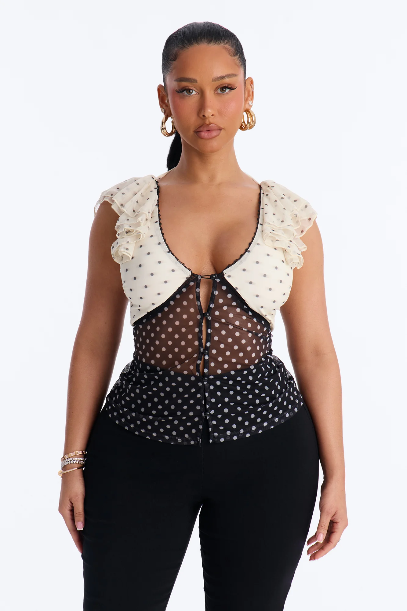 Laynee Polka Dot Ruffle Short Sleeve Top - Black/combo