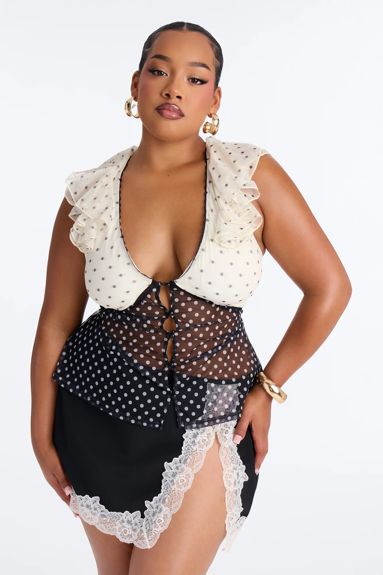 Laynee Polka Dot Ruffle Short Sleeve Top - Black/combo - Image 5