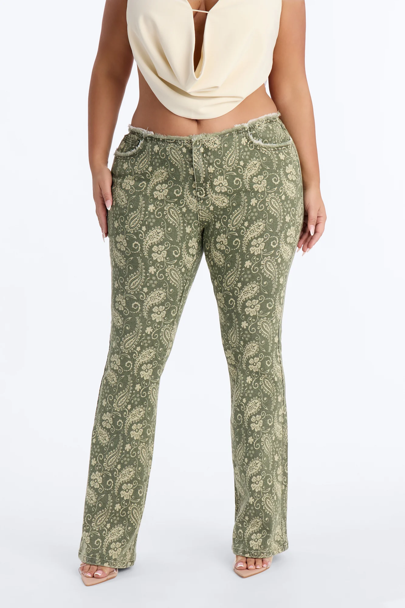 Lazy Paisley Low Rise Printed Jeans - Olive - Image 6