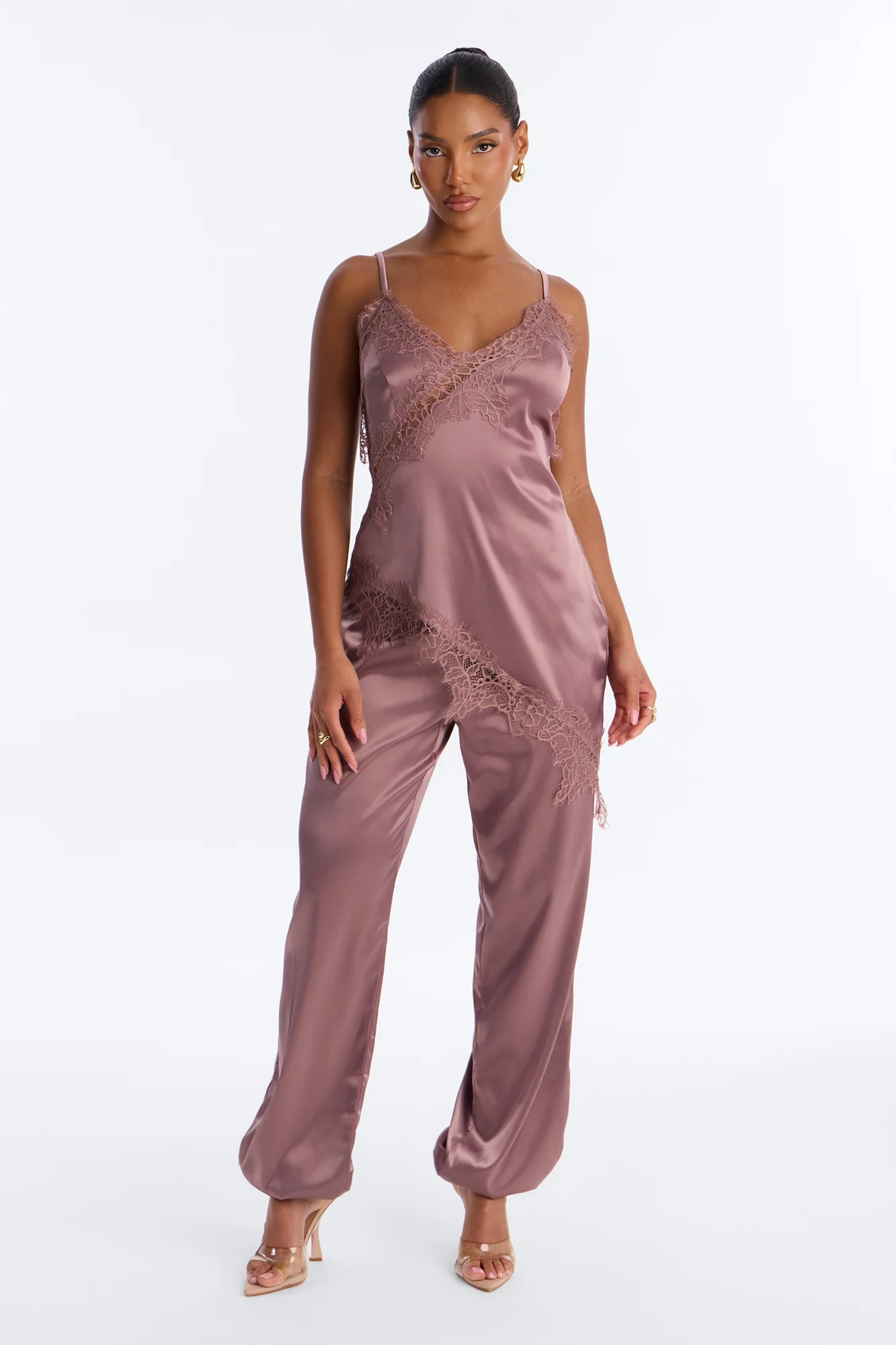 Lea Lace Trim Satin Jumpsuit - Brown