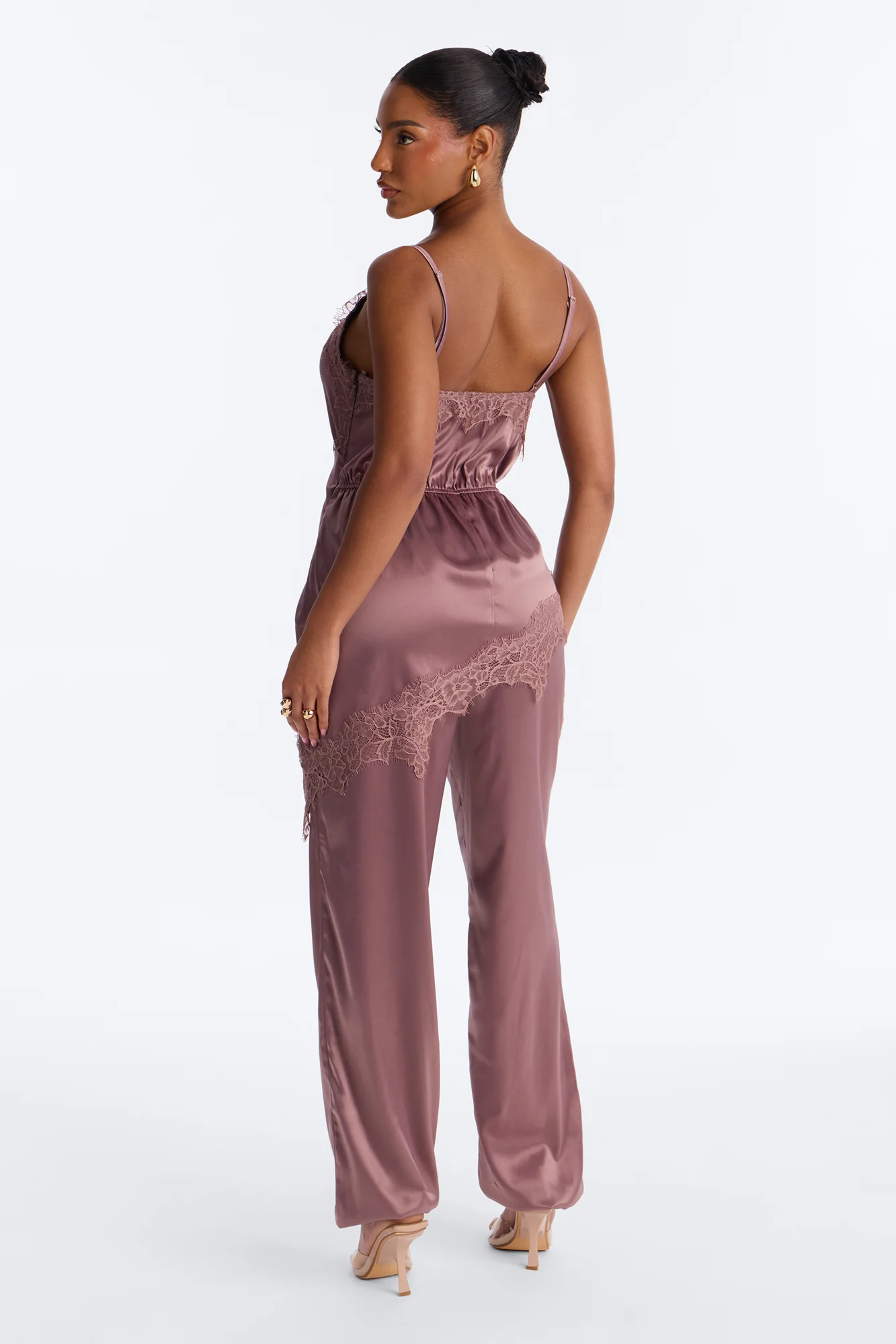 Lea Lace Trim Satin Jumpsuit - Brown - Image 4