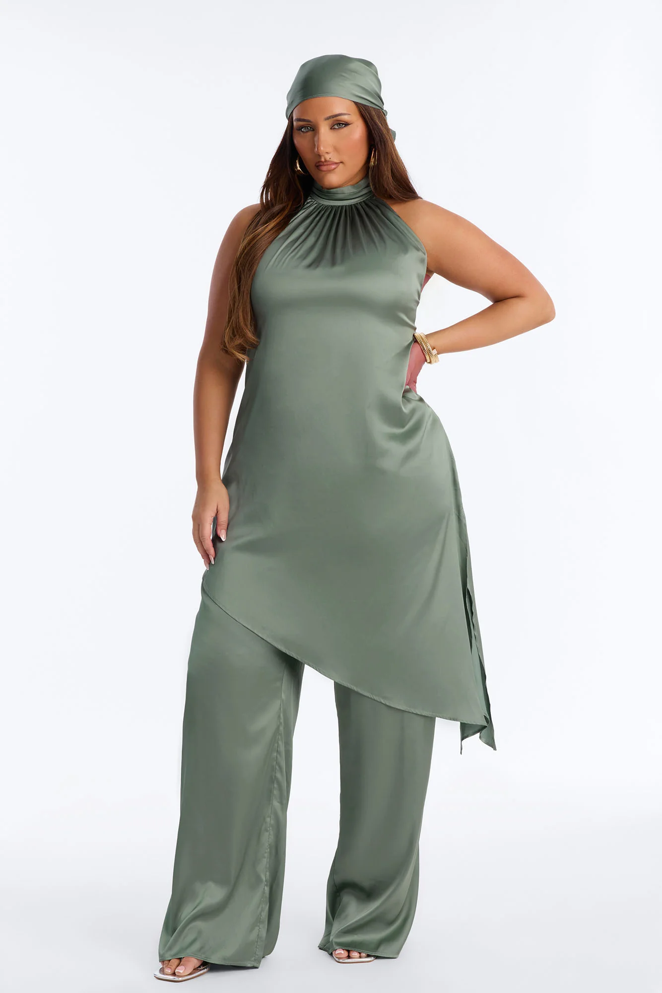 Lea Satin Draped 2 Piece Jumpsuit Set - Sage - Image 5