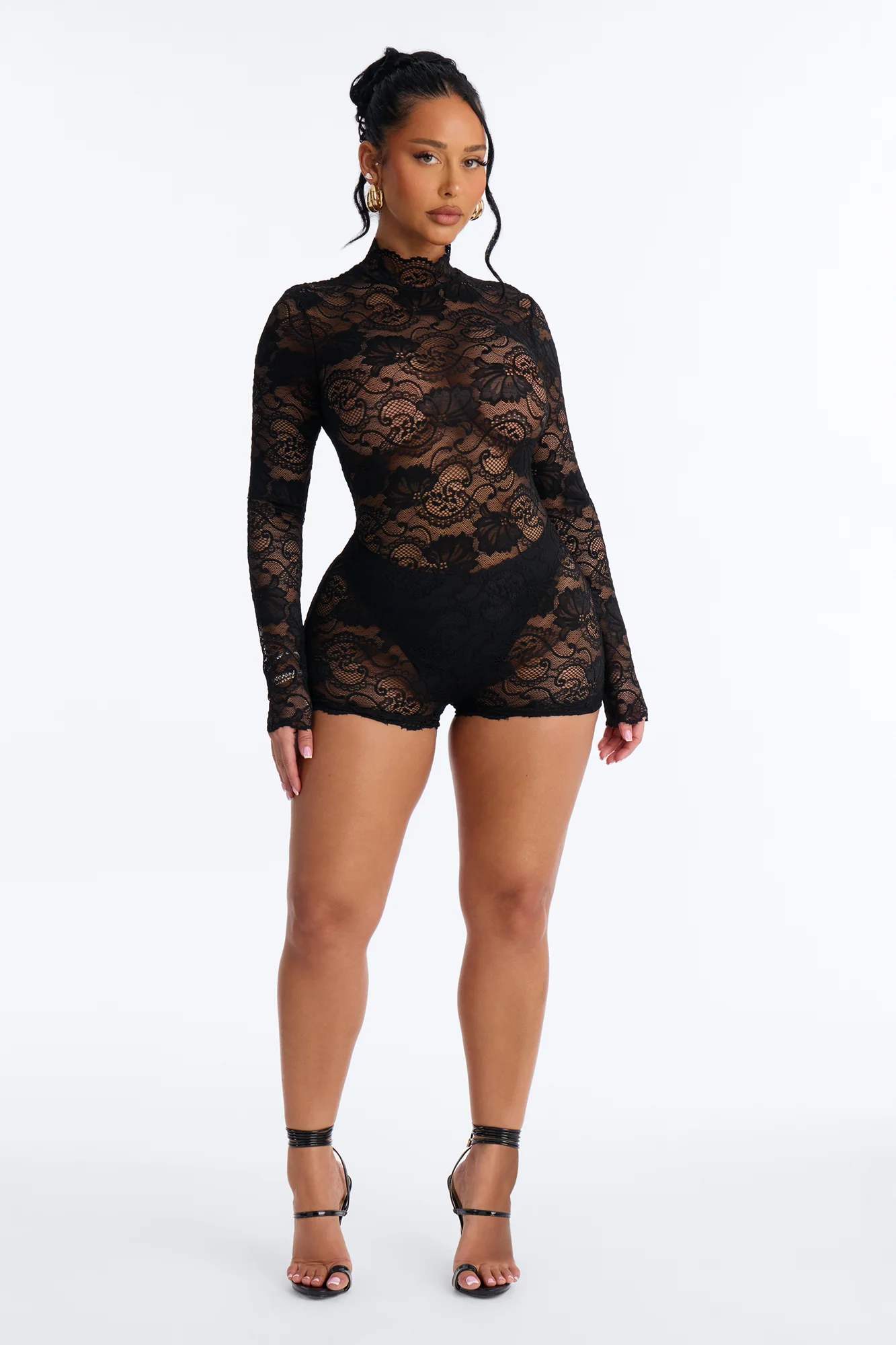 Leana Lace Sheer Micro Romper - Black