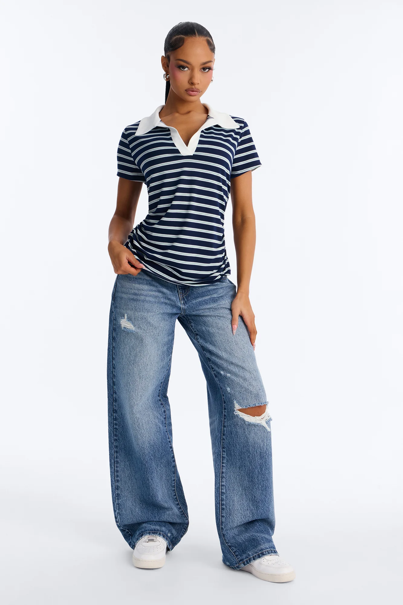 Leena Striped Short Sleeve Polo Top - Navy/combo - Image 2