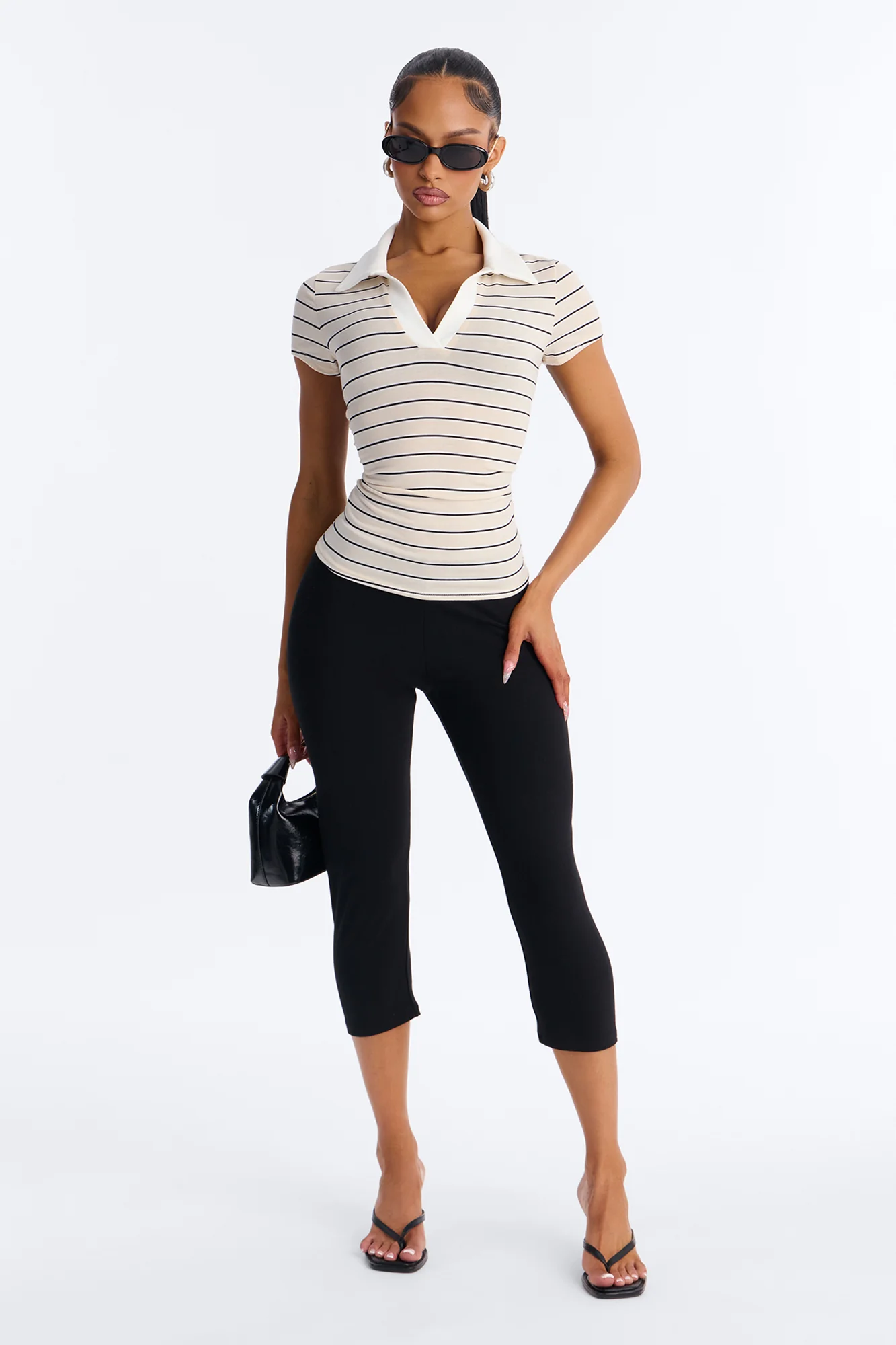 Leena Striped Short Sleeve Polo Top - Taupe/combo - Image 2
