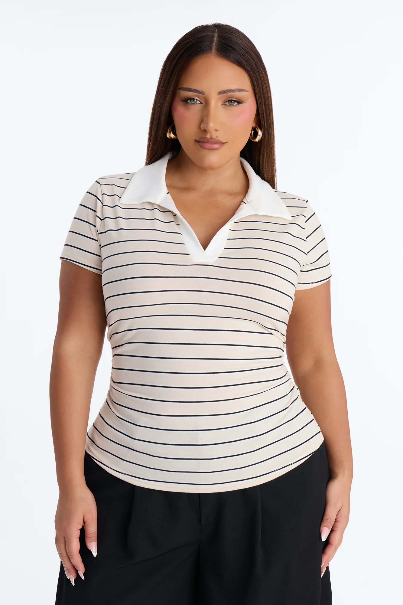 Leena Striped Short Sleeve Polo Top - Taupe/combo - Image 5