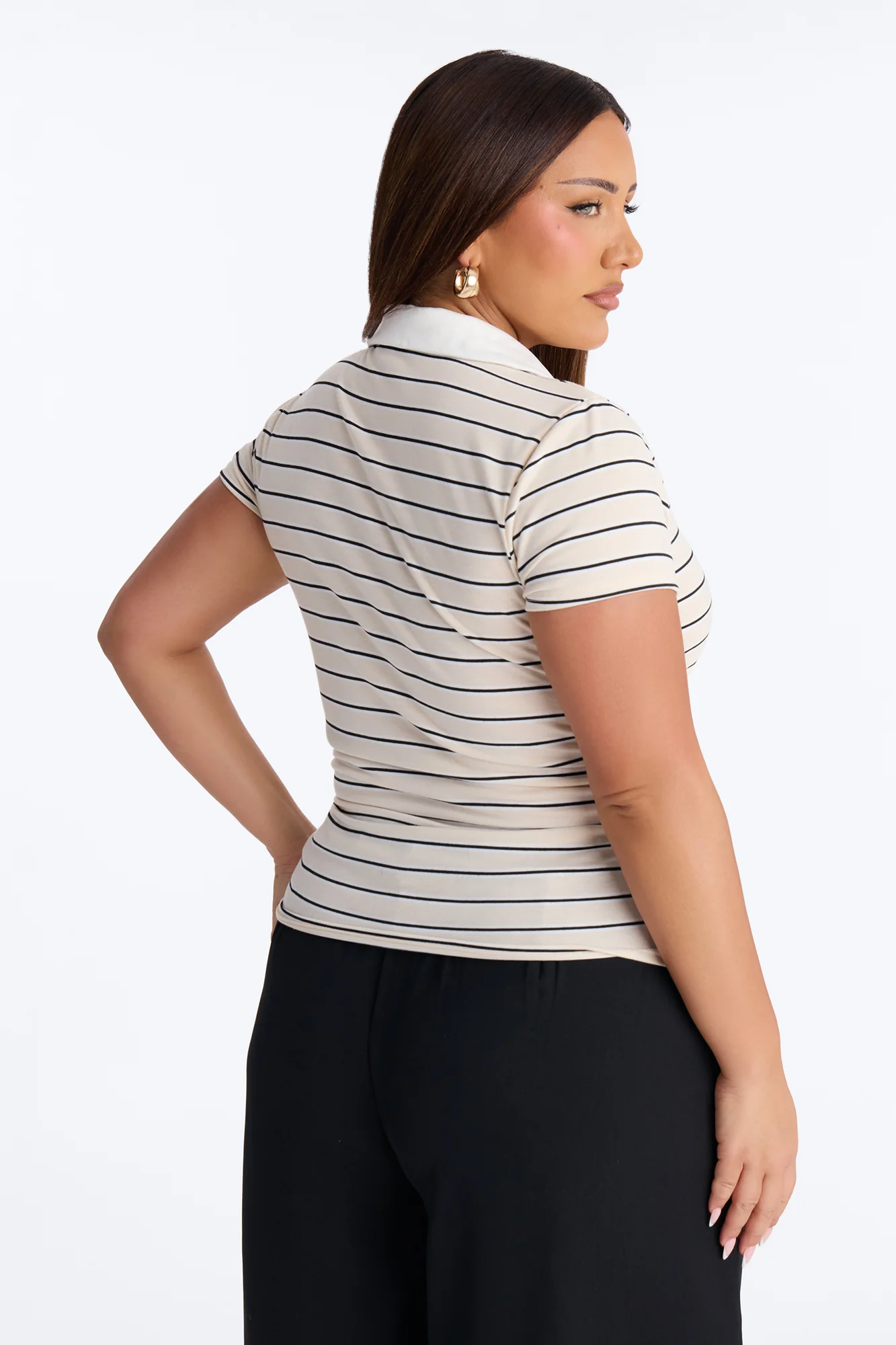 Leena Striped Short Sleeve Polo Top - Taupe/combo - Image 7