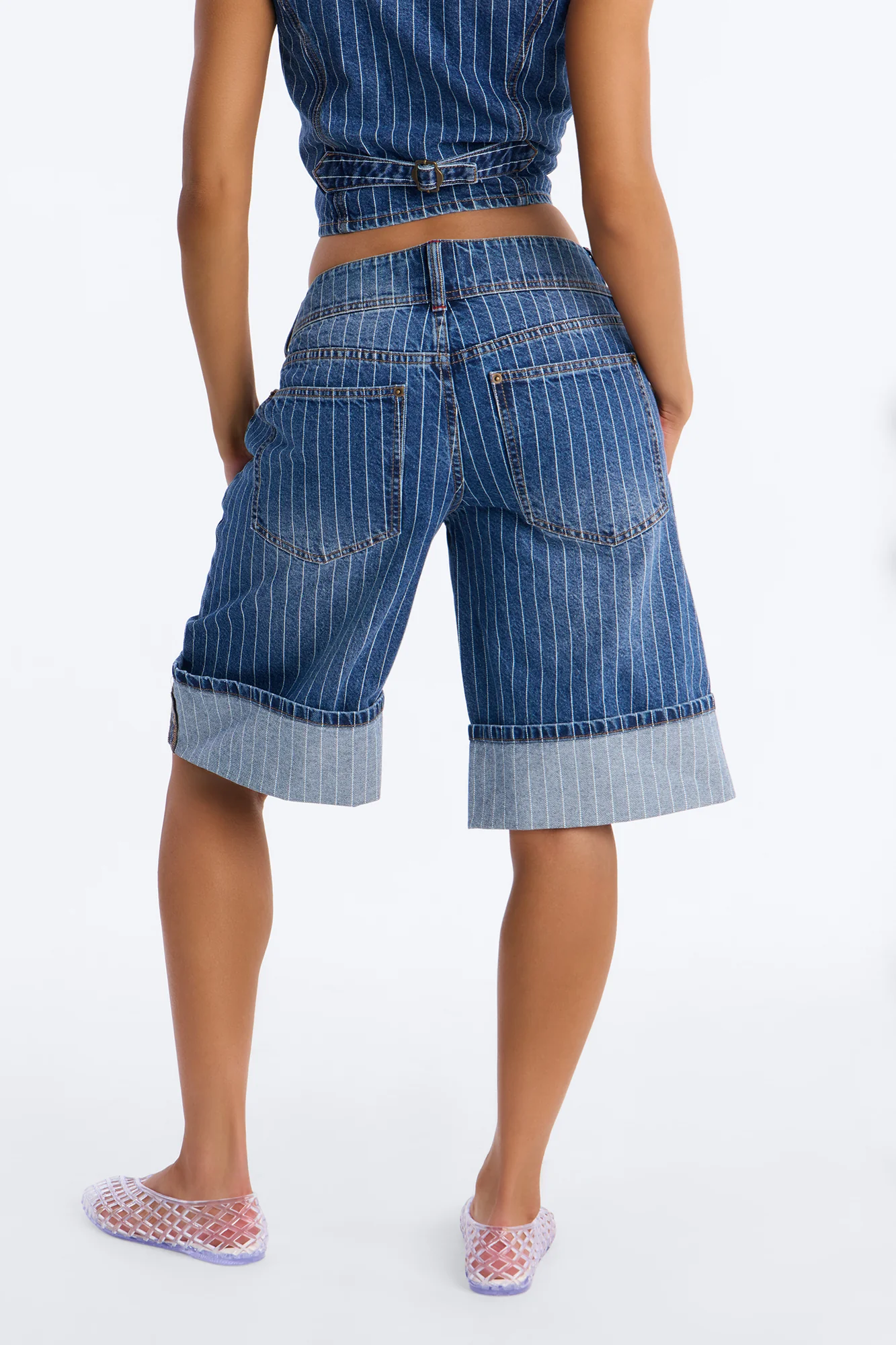Legendary Striped Cuffed Denim Jorts - Dark Wash - Image 4